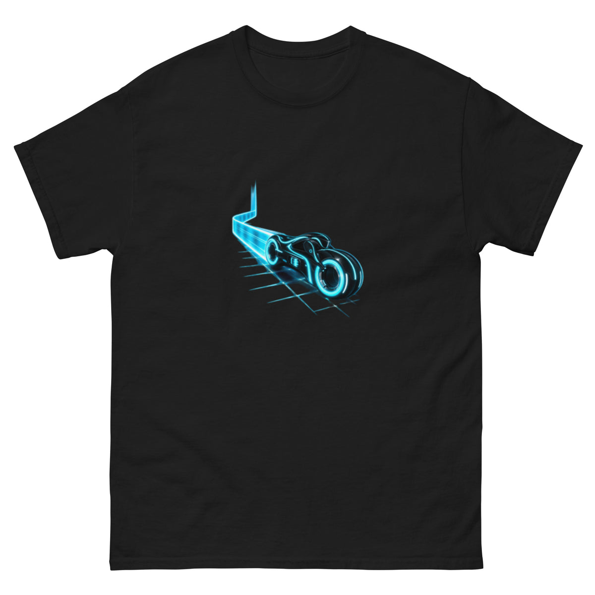 T-skjorte med futuristisk Light Cycle, blå neonlinjer, digitalt rutenett og skarpt lysende kjørespor inspirert av TRON.
