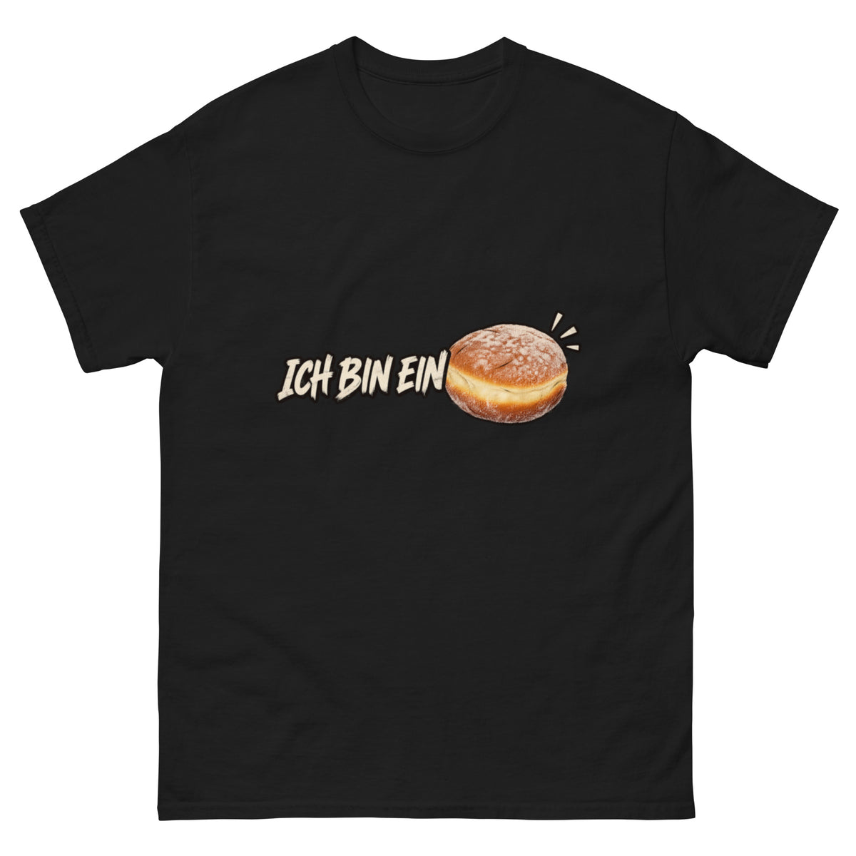Ich bin ein Berliner motiv med retro tekst og stor sukkerdekket berlinerbolle i humoristisk vintage stil.