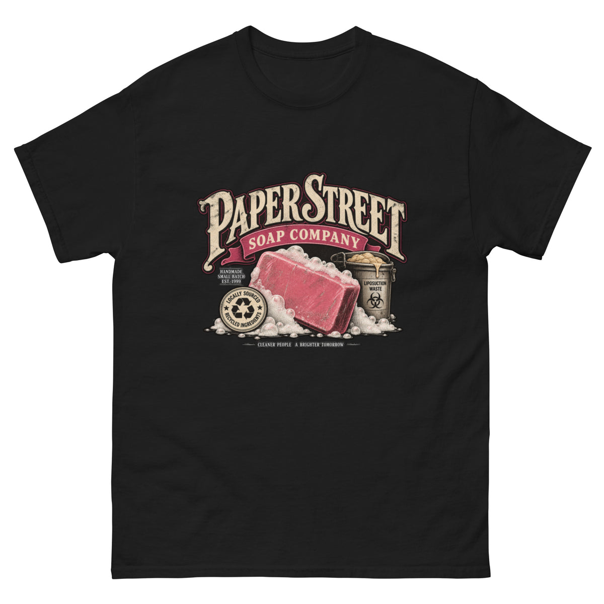 Paper Street Soap Company motiv med rosa såpe, såpeskum og vintage etikett inspirert av Fight Club og filmens såpeproduksjon.