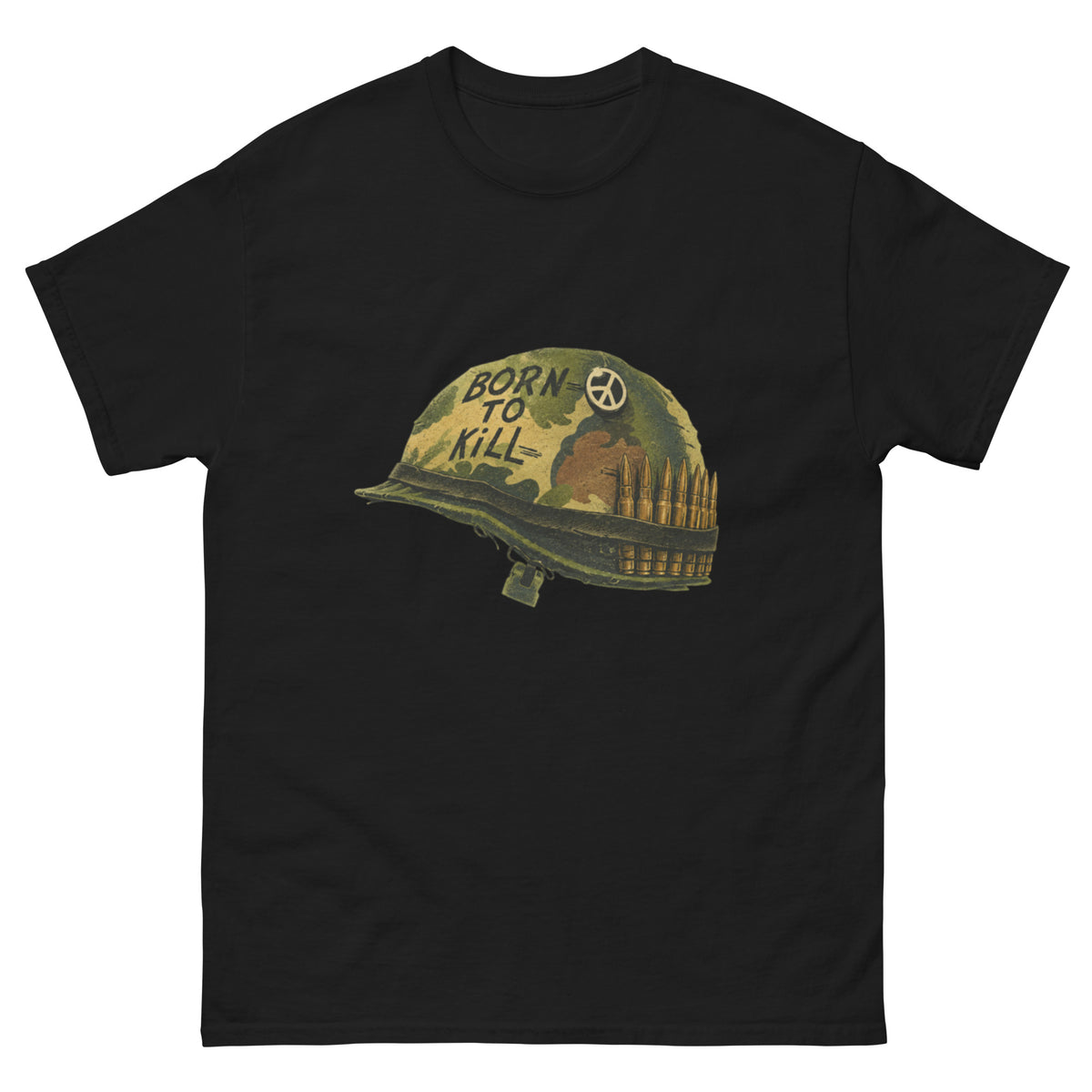 Full Metal Jacket-inspirert militærhjelm med Born to Kill-tekst, fredssymbol, kamuflasjemønster og patroner i slitt retrostil.