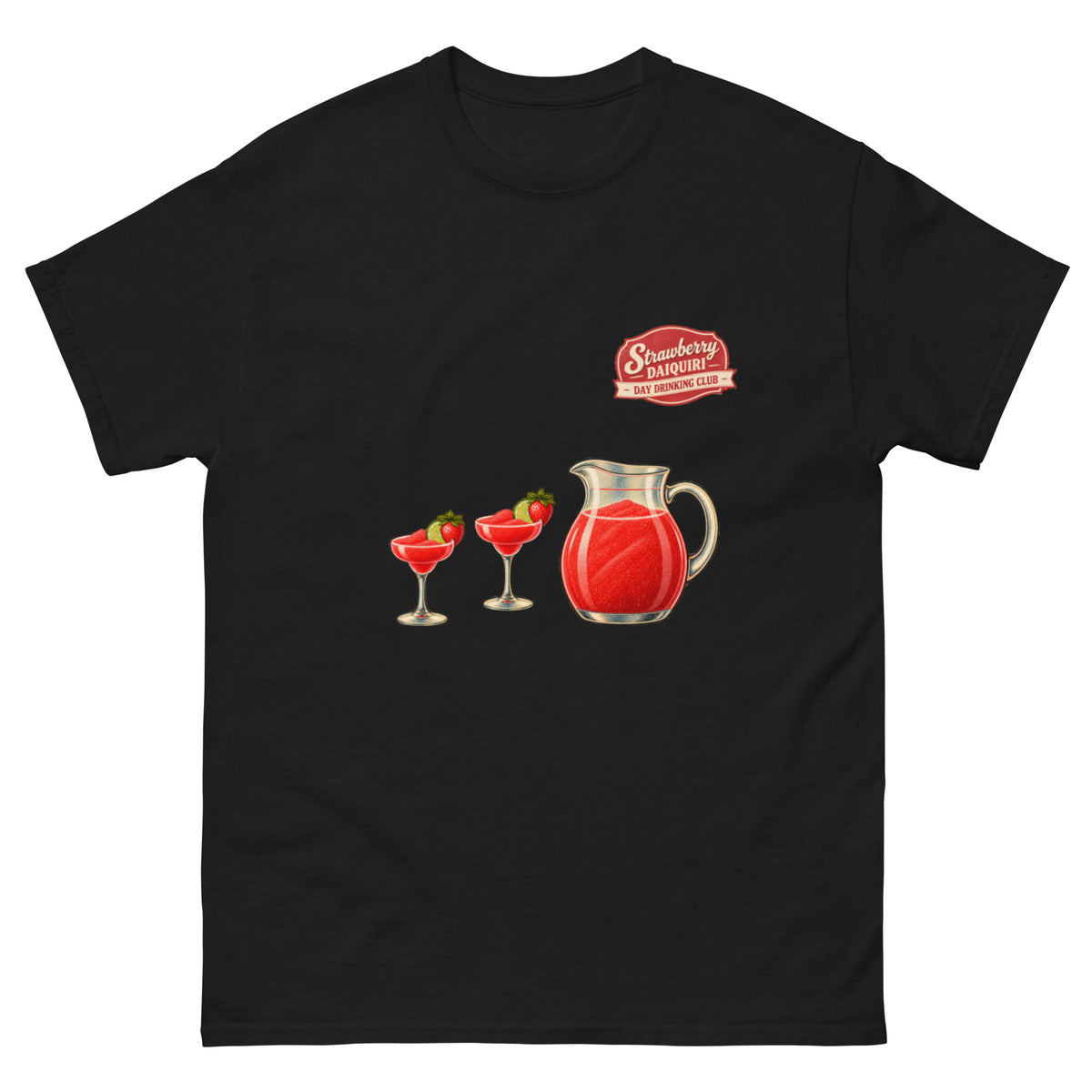 Strawberry Daiquiri Day Drinking Club T-skjorte med retro cocktailmotiv, jordbær, lime og mugge. Sommerlig humor for ferie og fest.