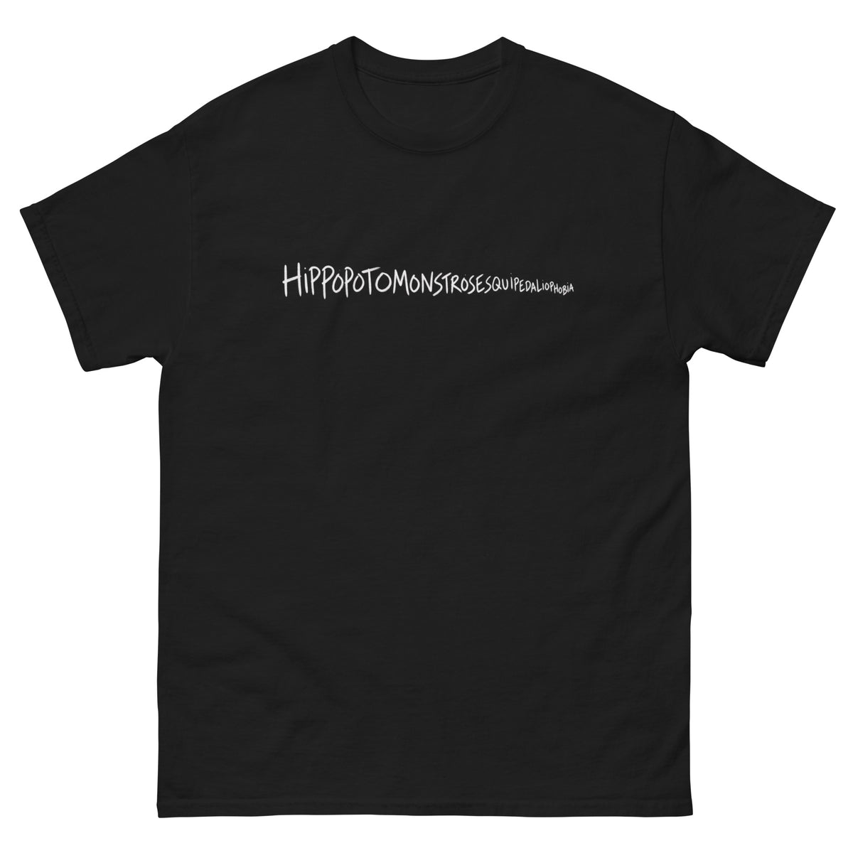 Hippopotomonstrosesquipedaliophobia skrevet som håndskrift med kritt, der bokstavene blir stadig mindre når plassen begynner å ta slutt.