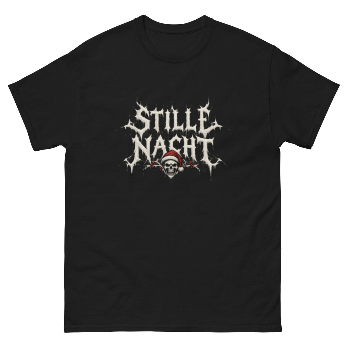 Stille Nacht julemotiv med hvit black metal-typografi, spisse bokstaver og hodeskalle med rød nisselue. Design for mørk T-skjorte.