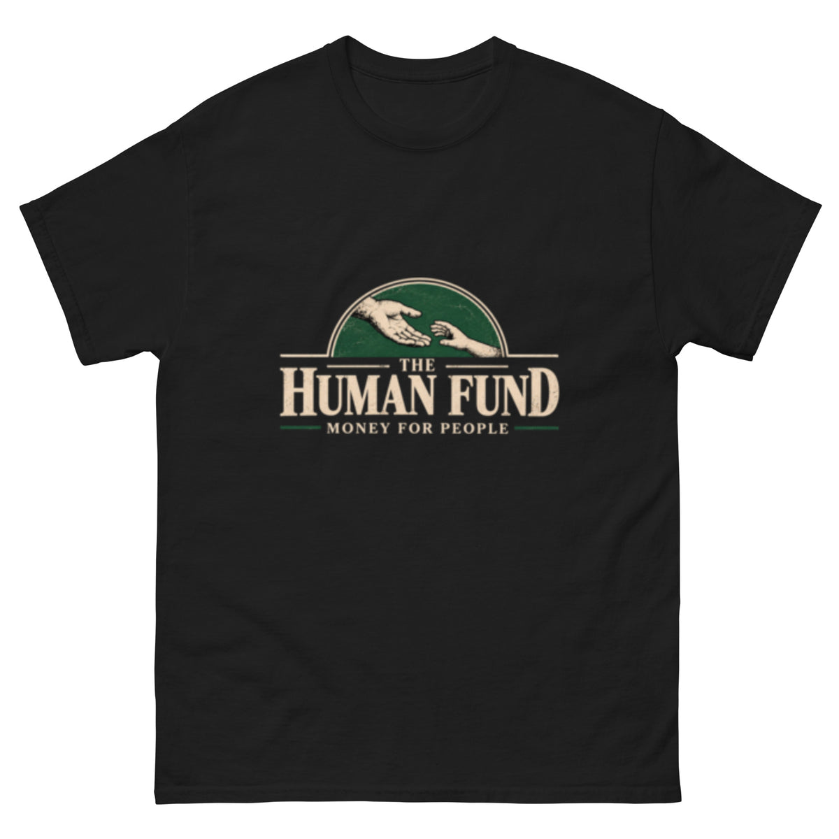 The Human Fund – Money for People. Retroinspirert Seinfeld-motiv med to utstrakte hender over en grønn halvsirkel, kremhvit typografi og slagordet fra George Costanzas fiktive veldedighetsorganisasjon.