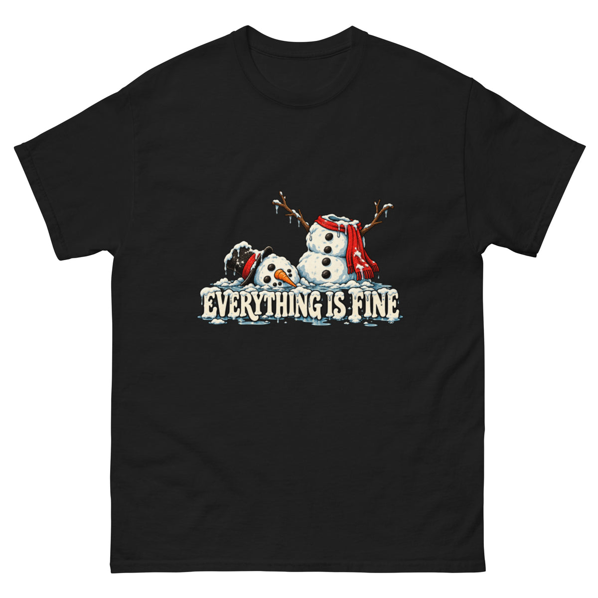 Everything Is Fine T-skjorte med humoristisk illustrasjon av en smeltende snømann med rødt skjerf, hodet på bakken og snødekt tekst i retrostil. Kopier