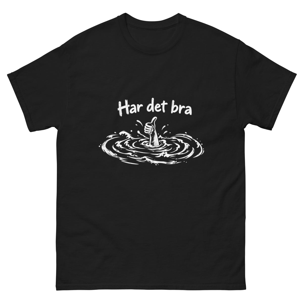 Har det bra T-skjorte med hvit retroillustrasjon av en hånd som viser tommel opp over vannflaten, omgitt av vannsprut og teksten Har det bra.