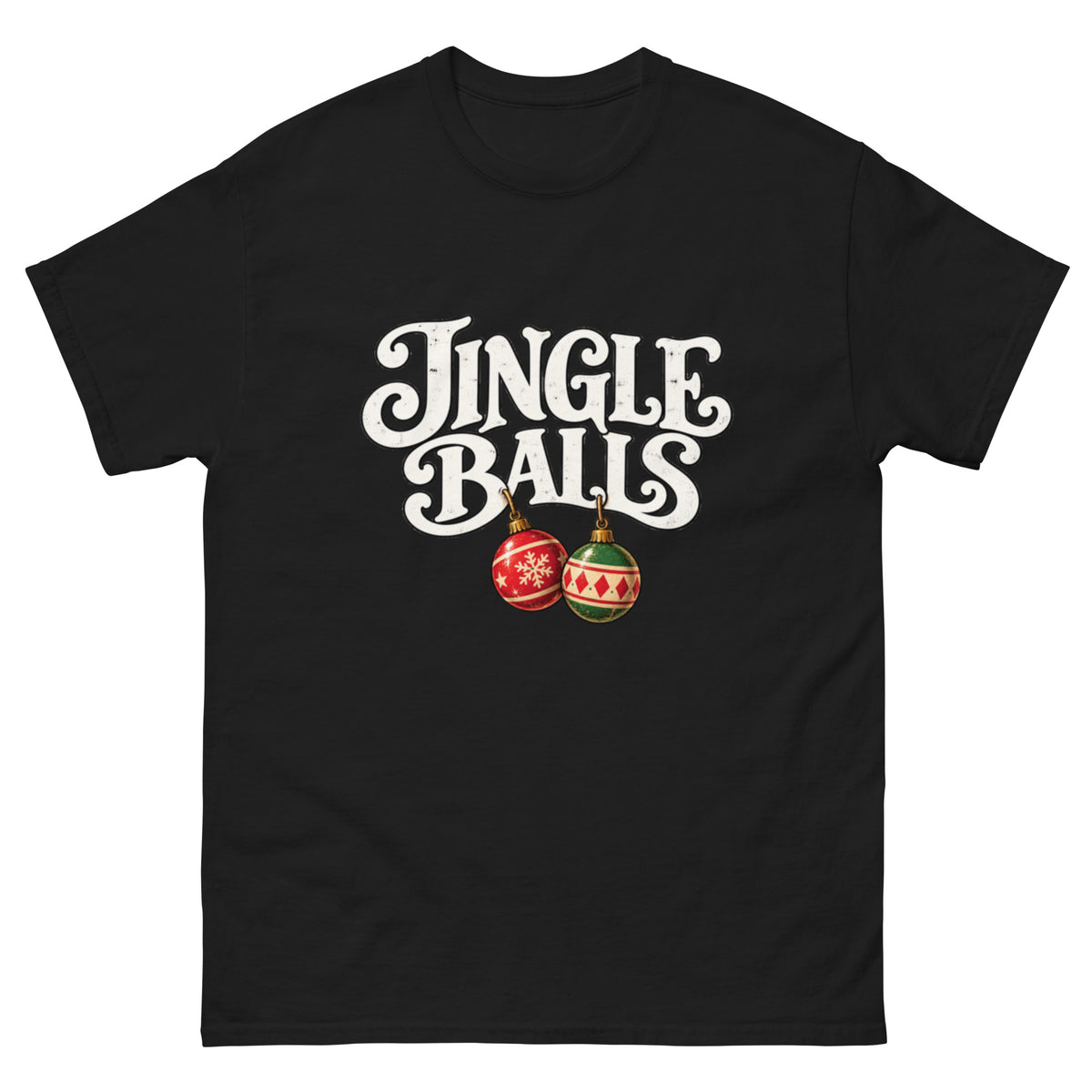 Jingle Balls T-skjorte med store kremhvite retrobokstaver og to hengende julekuler i rødt og grønt, humoristisk julemotiv inspirert av Jingle Bells.