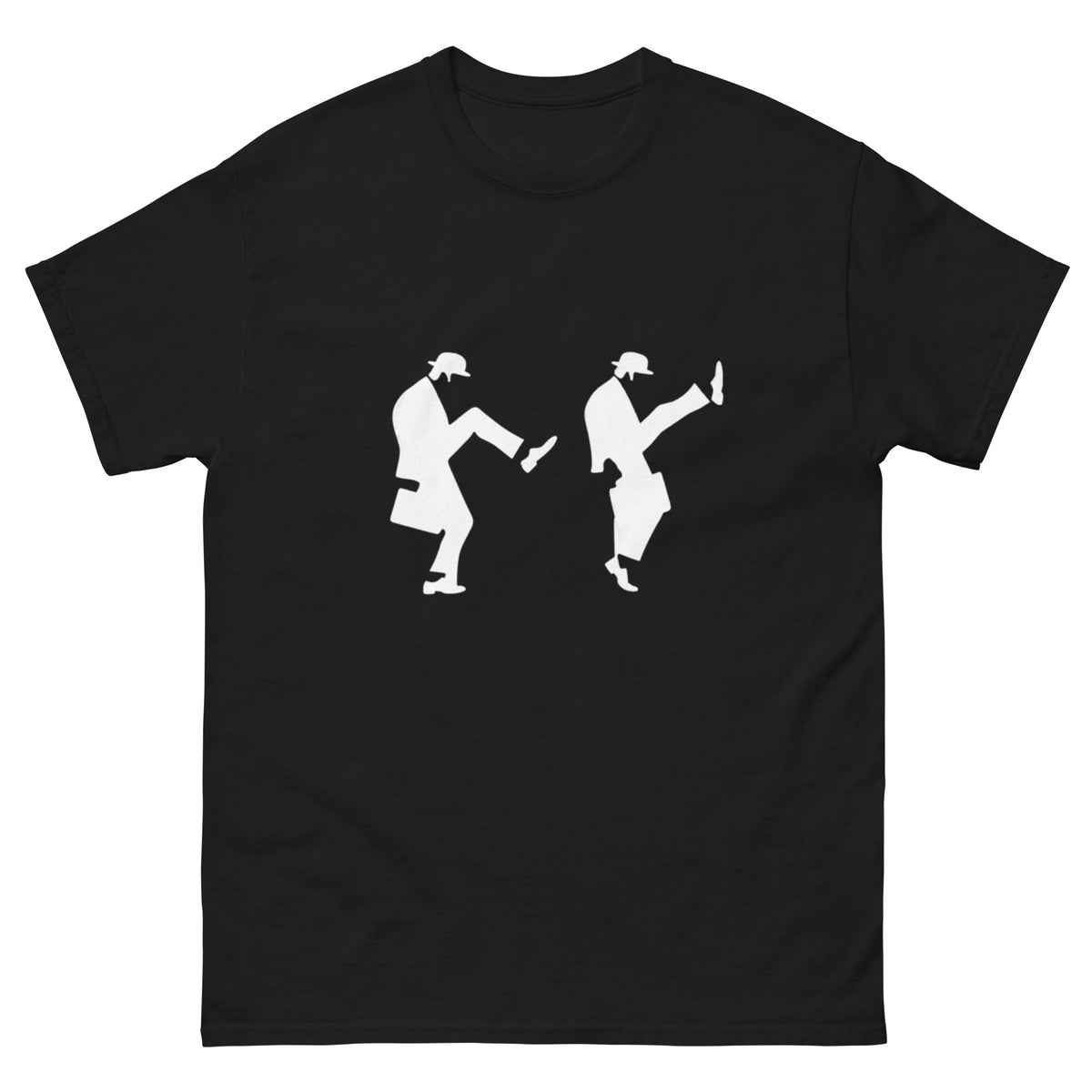 John Cleese inspirert T-skjortemotiv med to hvite, slitte silhuetter av en mann i dress og hatt som utfører den ikoniske tullegangen fra Monty Python.