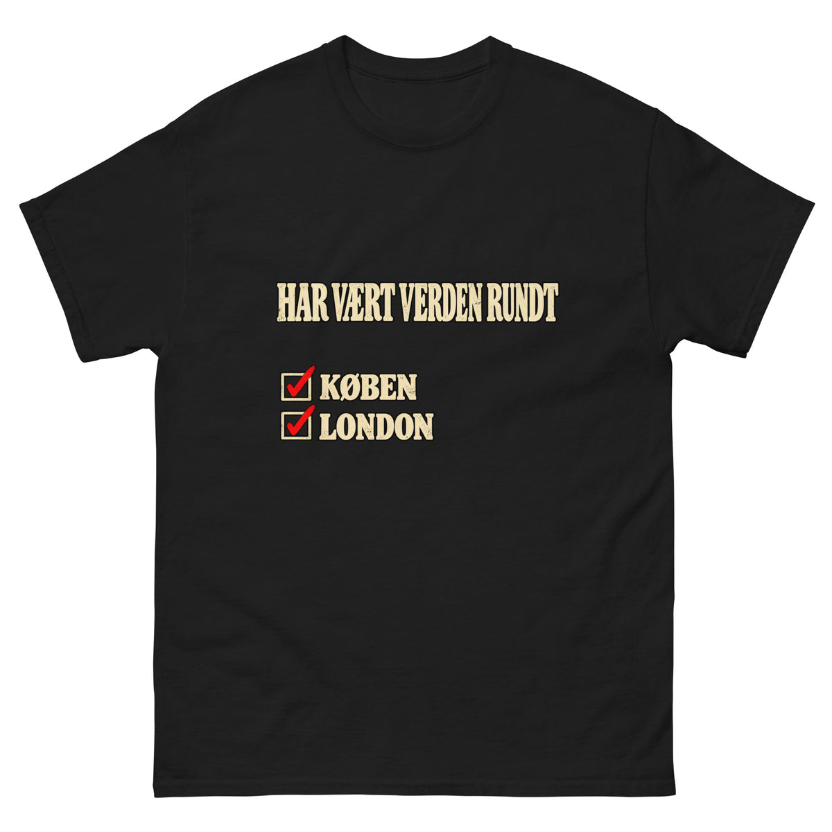 T-skjortemotiv med teksten Har vært verden rundt i kremhvite retrobokstaver, med røde avkrysninger ved Køben og London. Inspirert av Jokke og norsk rock.