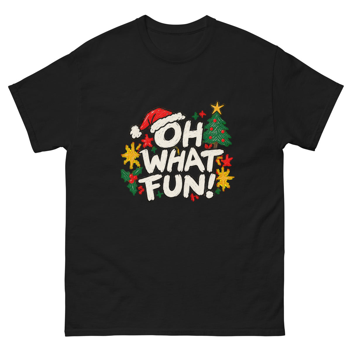 Retro julemotiv med teksten Oh What Fun i store kremhvite bokstaver, rød nisselue, pyntet juletre, kristtorn og fargerike julestjerner i nostalgisk stil.