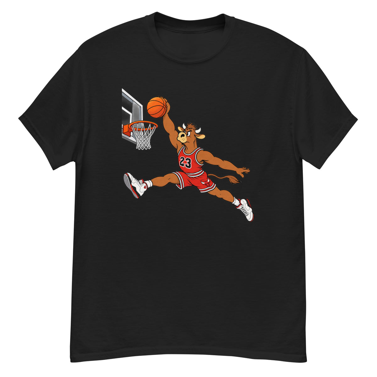 Oksen Anton fra tegnefilmserien Ox Tales svever gjennom luften mot en basketballkurv i en positur inspirert av Michael Jordan. Han har på seg rød Chicago Bulls-inspirert drakt med nummer 23 og hvite basketballsko. Fargerik tegneserieillustrasjon med basketballen hevet over hodet.