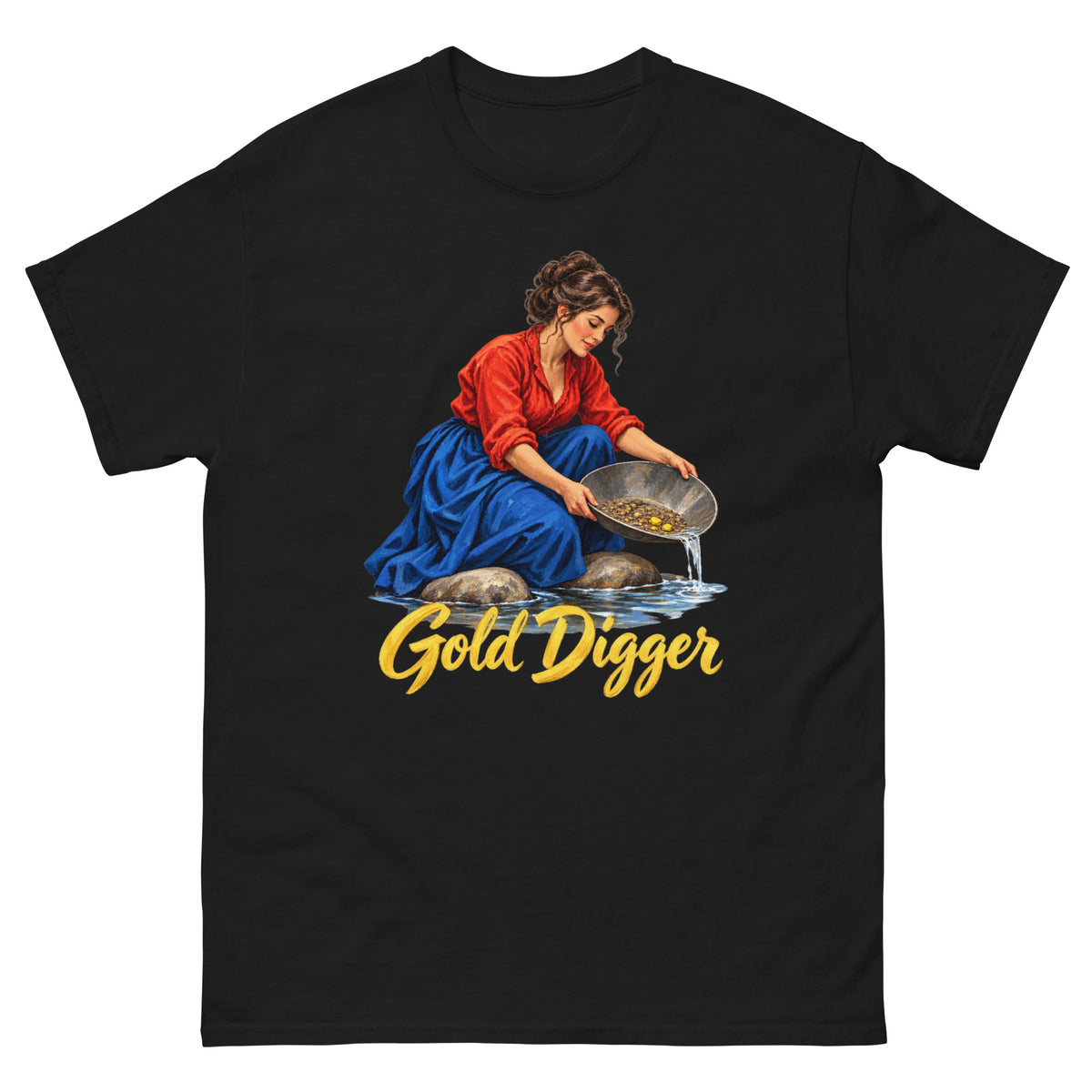 Kvinne med oppsatt hår, rød bluse og langt blått skjørt som vasker gull i en metallpanne ved en elv. Under figuren står «Gold Digger» i gul penselskrift.