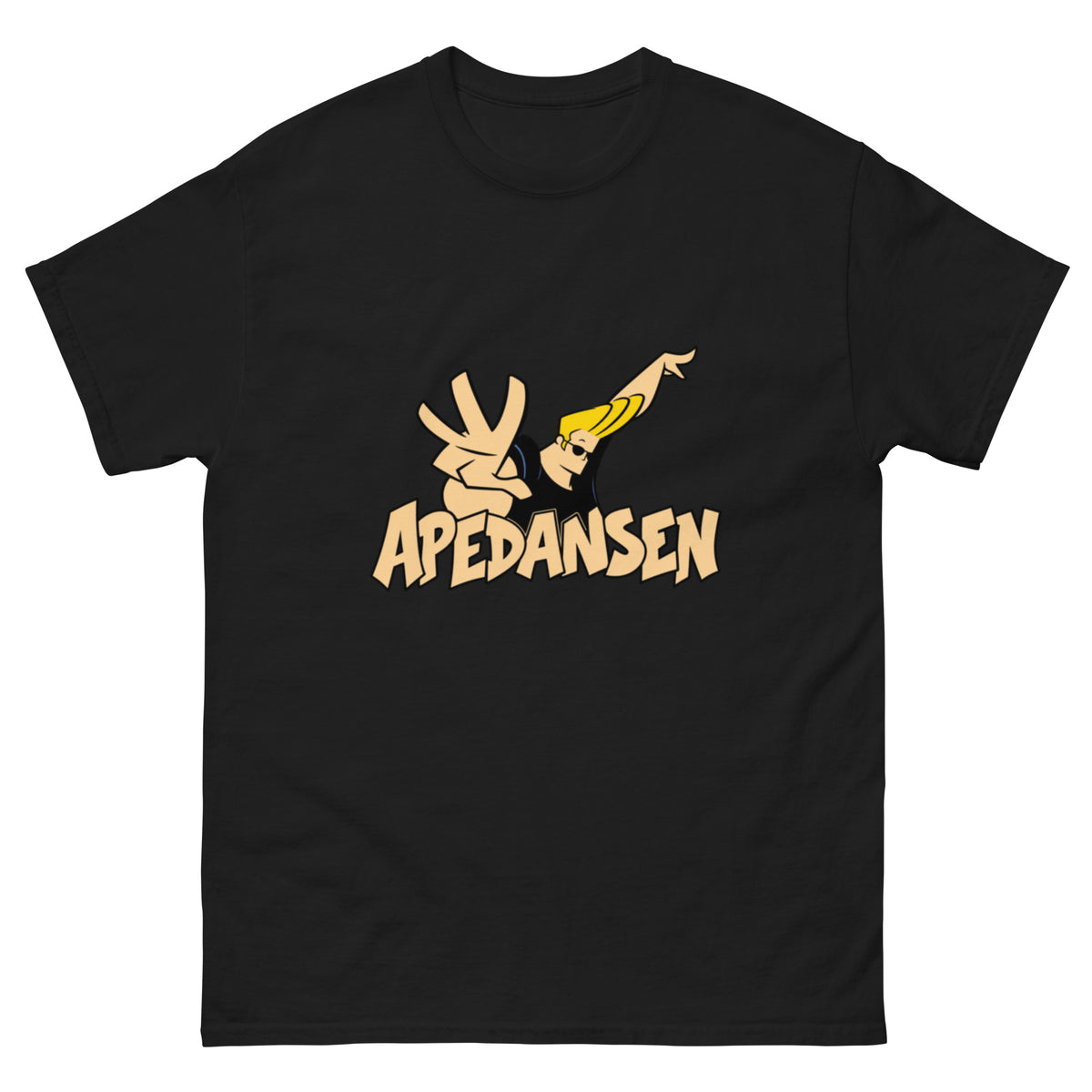 Johnny Bravo-inspirert tegneseriefigur med blond hårsveis, svarte solbriller og svart T-skjorte i dansepositur over teksten Apedansen.