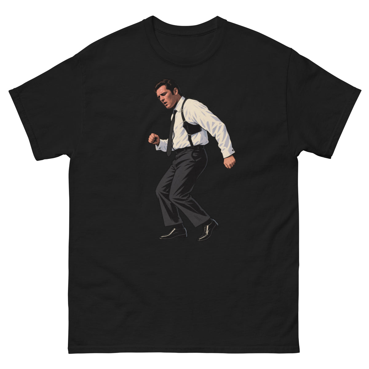 Retroillustrasjon av dansende Mr. Blonde-inspirert figur fra Reservoir Dogs med hvit skjorte, svart slips og skulderhylster.