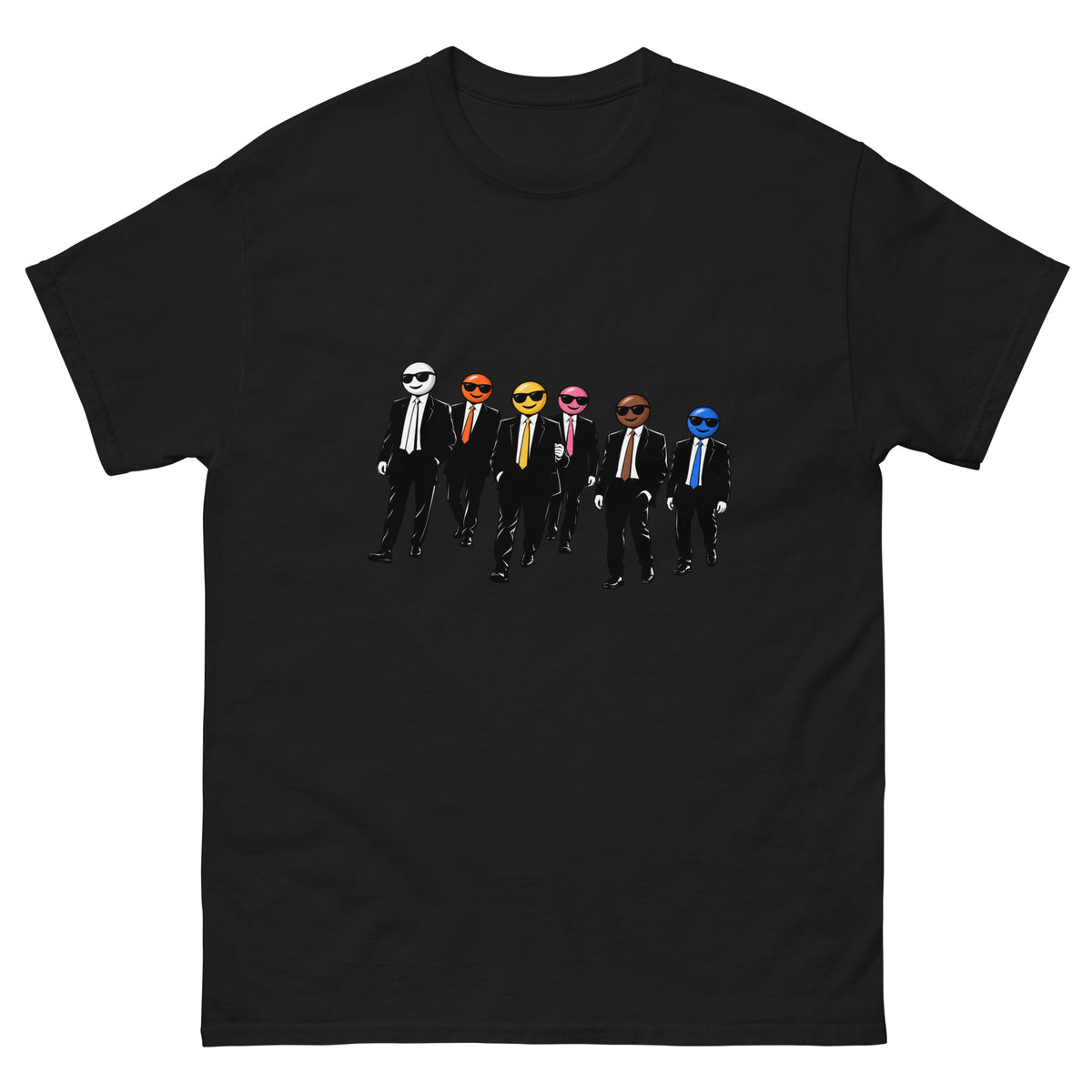 Seks emoji-gangstere i svarte dresser og solbriller med fargerike ansikter inspirert av Reservoir Dogs.