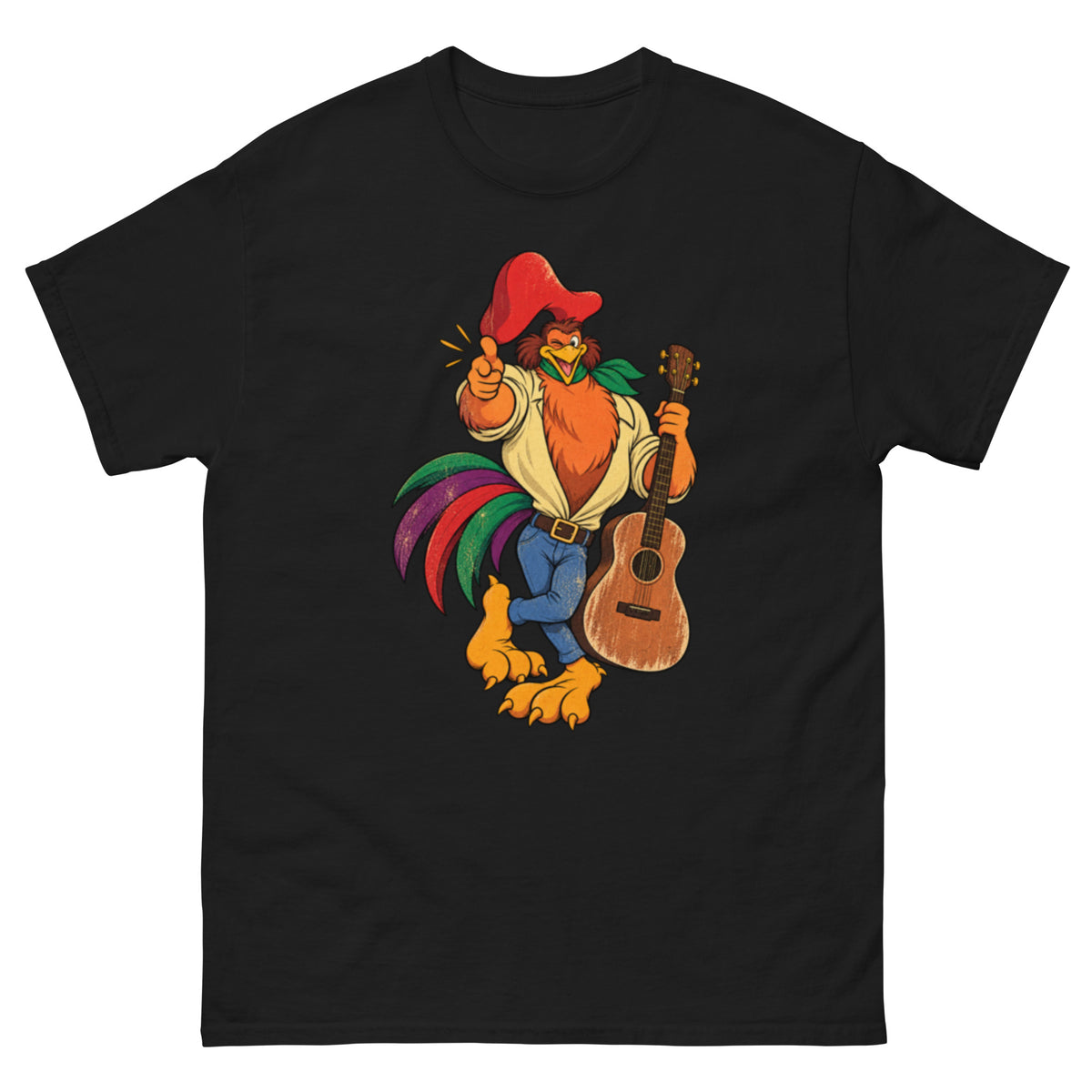 Chanticleer fra Rock-a-Doodle med rød cowboyhatt, gitar, grønt halstørkle og fargerike halefjær i retro tegneseriestil.