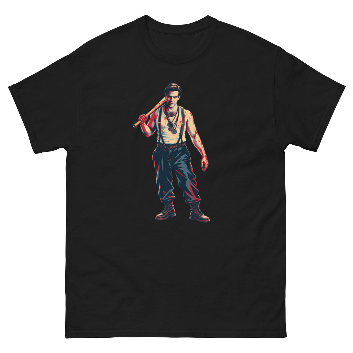 Tegnet retromotiv inspirert av The Bear Jew, Donny Donowitz fra Inglourious Basterds, med baseballkølle, hvit singlet, svarte seler og blodige klær.