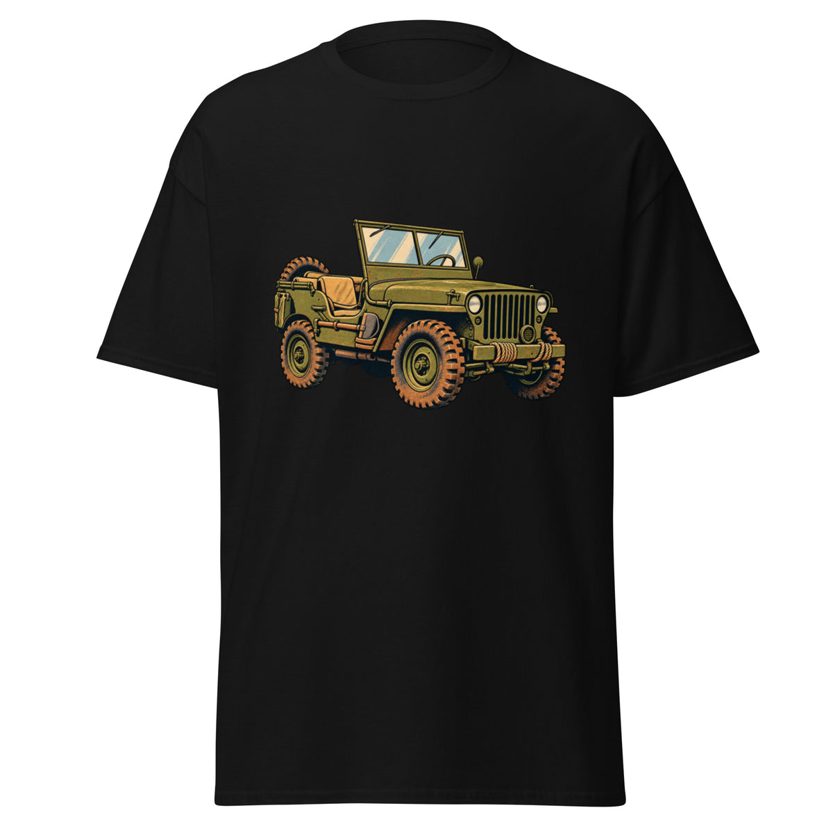 Retroillustrasjon av olivengrønn Willys MB militærjeep fra andre verdenskrig med terrengdekk, reservehjul, bensinkanne og spade.