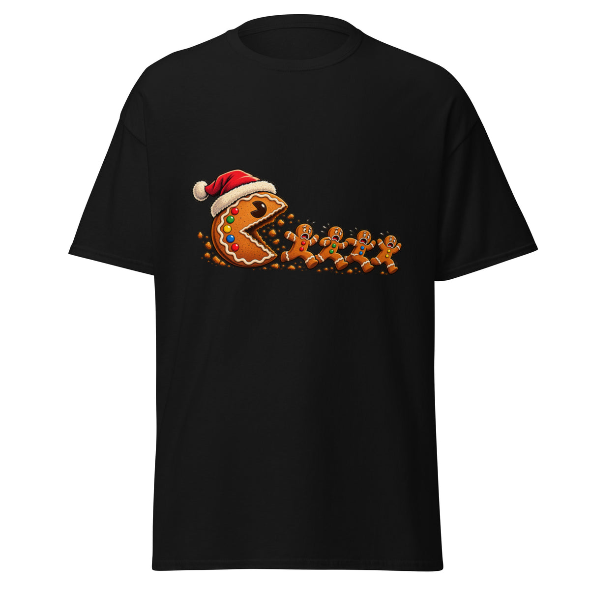 Pac-Man som stor pepperkake med nisselue og fargerike godteriknapper jager fire redde pepperkakemenn i humoristisk julemotiv inspirert av retro arkadespill.