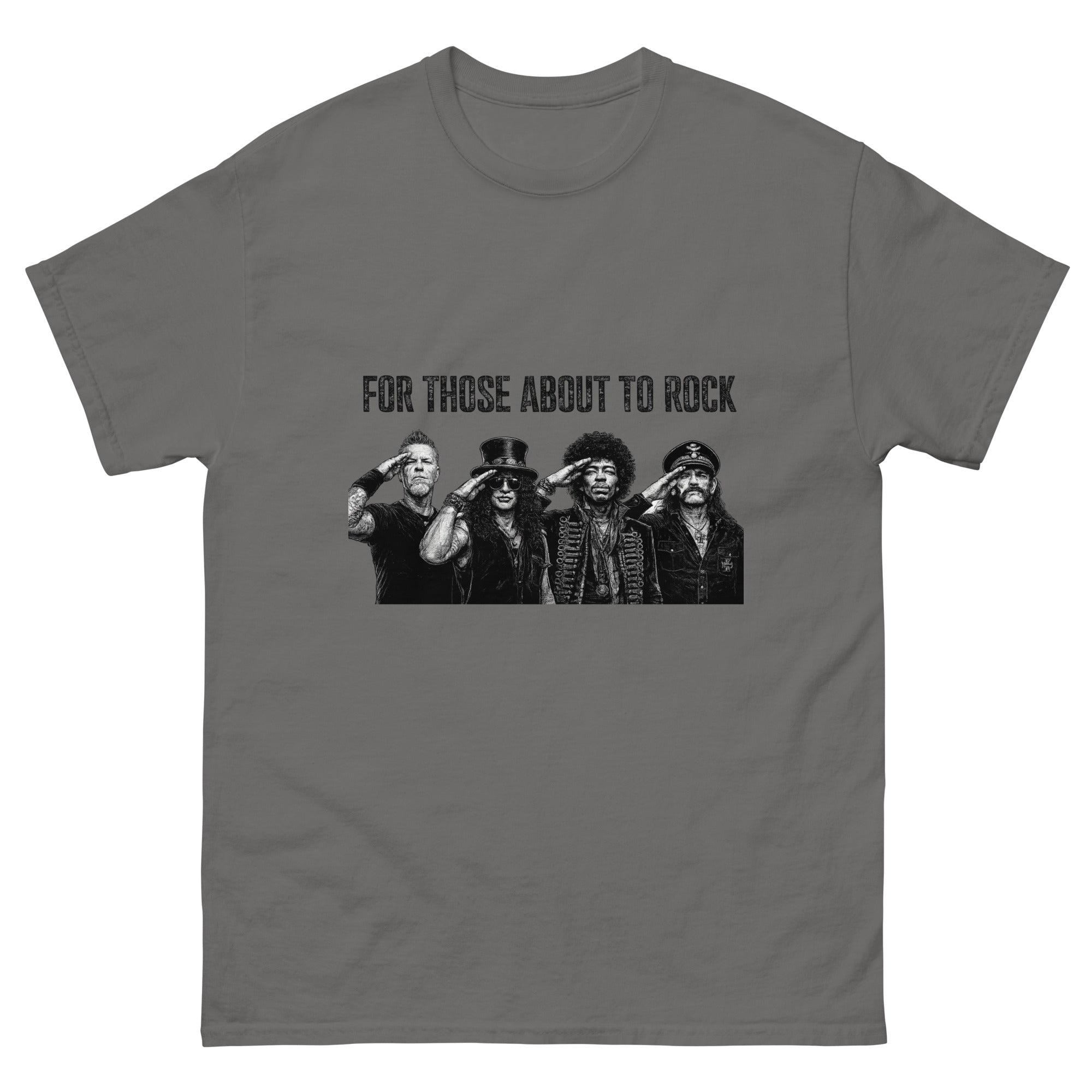 Vintage rock-illustrasjon med fire hardrock-inspirerte musikere som gjør honnør under teksten "For Those About to Rock".
