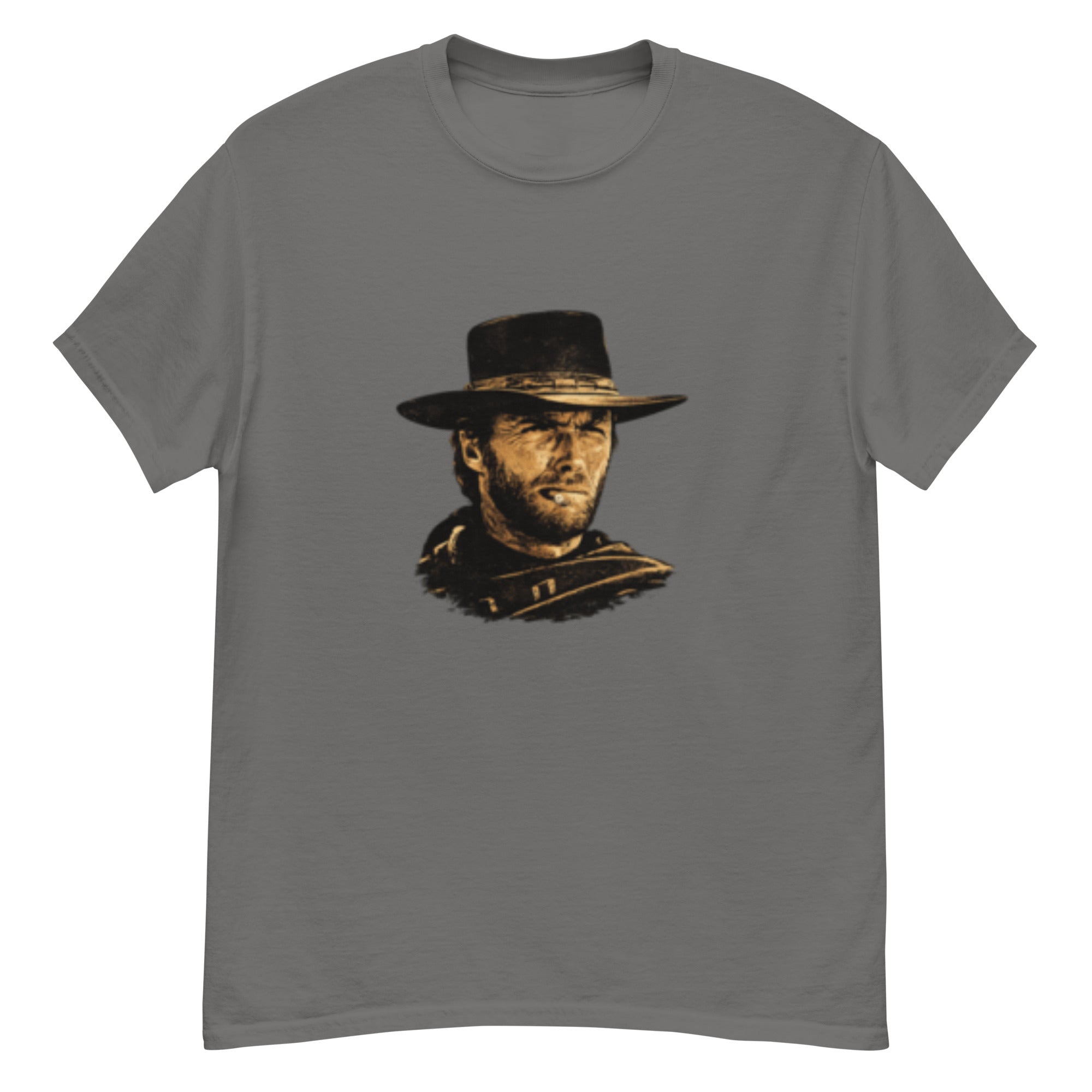 T-skjorte med stilisert portrett av Clint Eastwood som westernfigur, med bred hatt, poncho, smale øyne og sigarillo i munnviken.