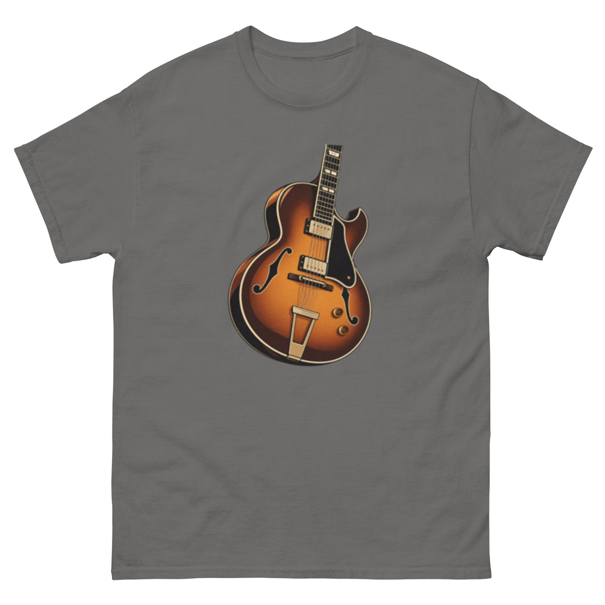 T-skjorte med illustrert sunburst archtop-jazzgitar med to f-hull, svart plekterbrett, to pickups og klassisk tailpiece.
