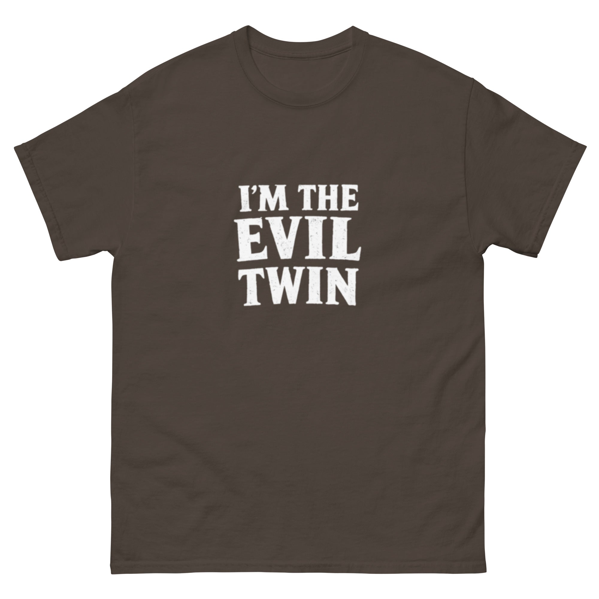 Typografisk design med teksten «I'm The Evil Twin» i stor hvit vintage skrift på sort bakgrunn. Humoristisk motiv med mørk humor og sarkastisk uttrykk.