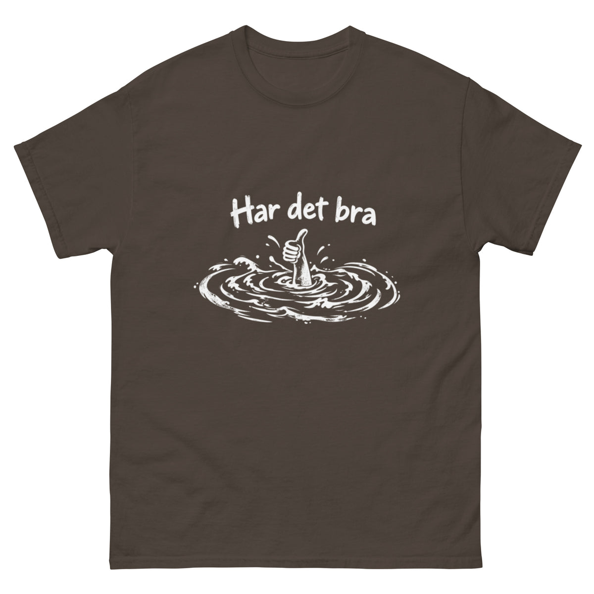 Har det bra T-skjorte med hvit retroillustrasjon av en hånd som viser tommel opp over vannflaten, omgitt av vannsprut og teksten Har det bra.