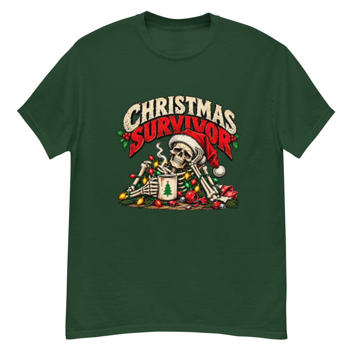Christmas Survivor julemotiv med utslitt skjelett i rød nisselue, kaffekopp, sammenfiltrede julelys og knuste julekuler. Illustrasjon med mørk julehumor.