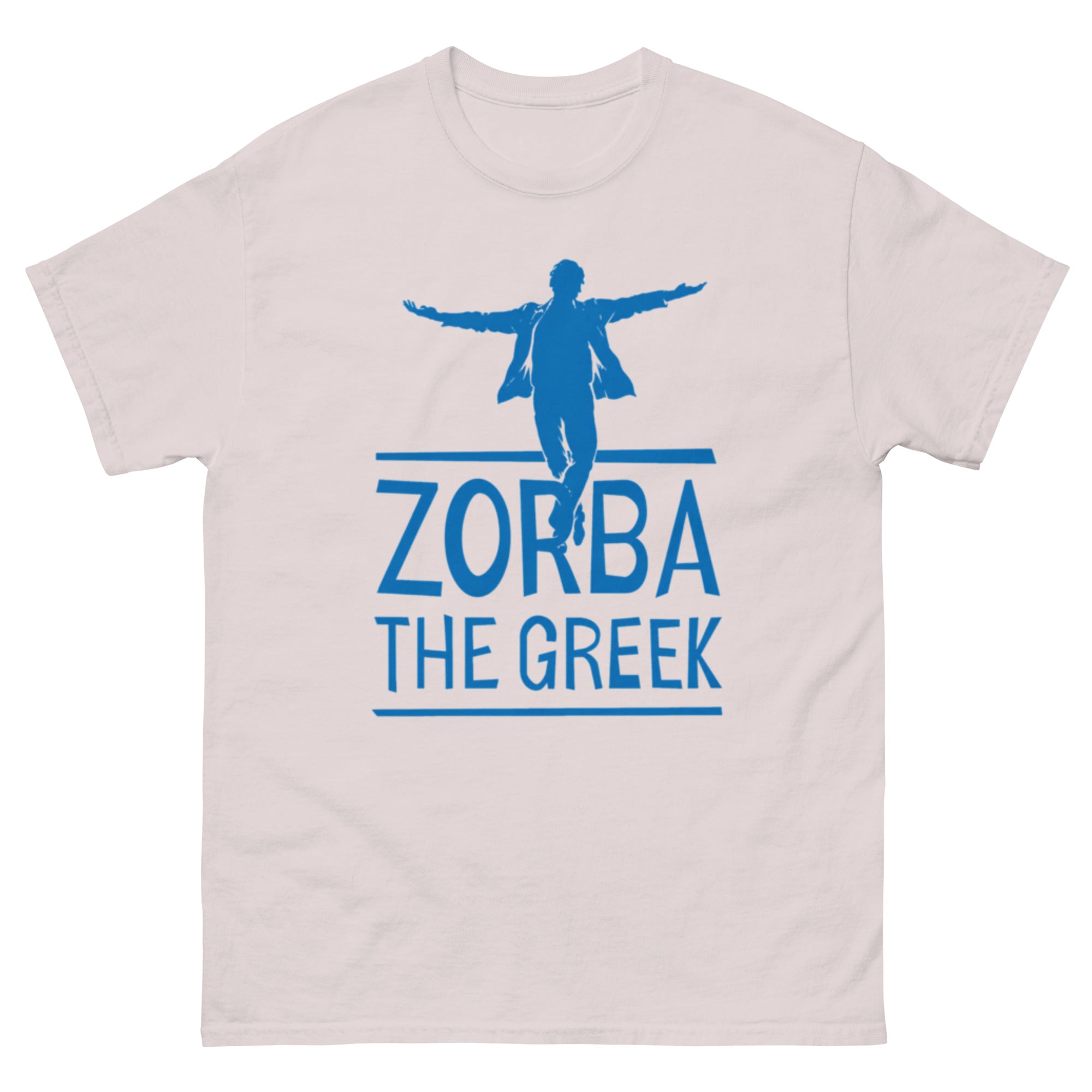 Minimalistisk silhuett av en mann med utstrakte armer over teksten «Zorba the Greek». Design inspirert av den klassiske filmen og den ikoniske greske dansescenen, perfekt for fans av Hellas og filmnostalgi.