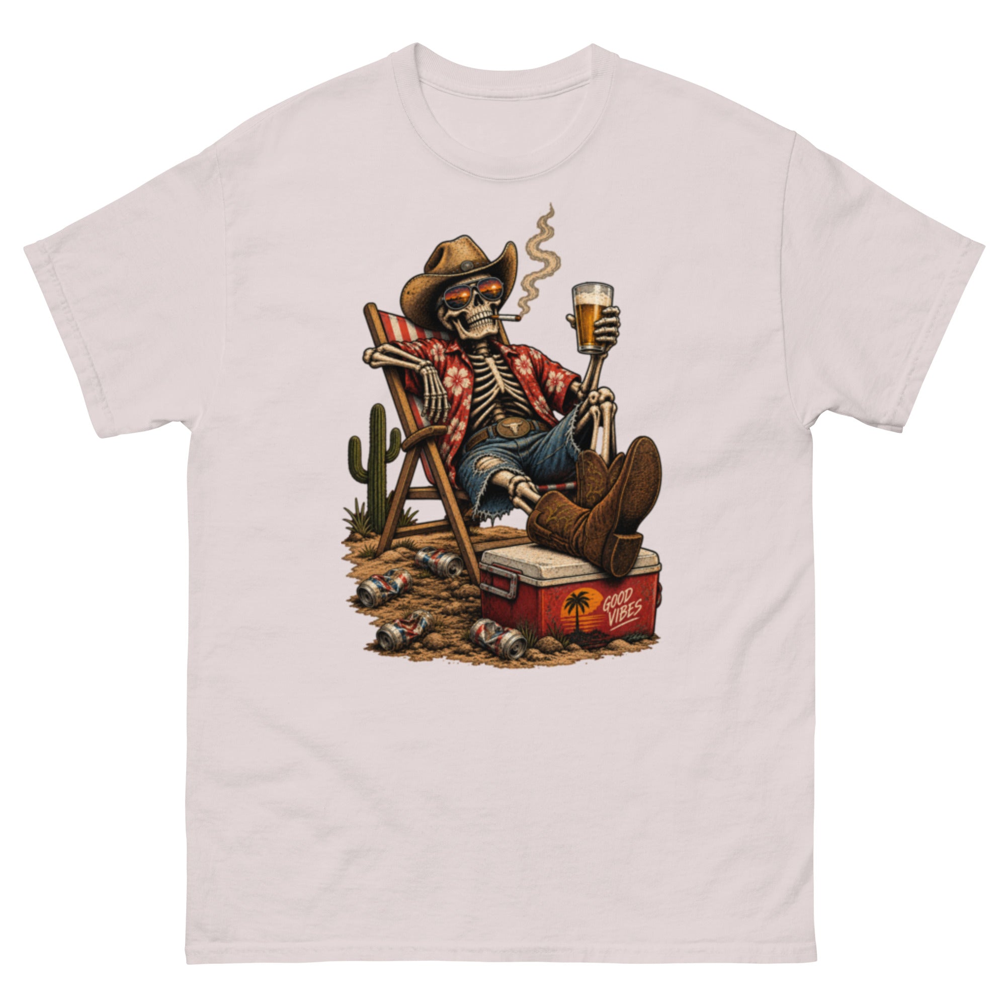 Cowboy-skjelett i Hawaii-skjorte og solbriller sitter i strandstol med øl, sigarett og rød Good Vibes-kjøleboks i retro westernstil.