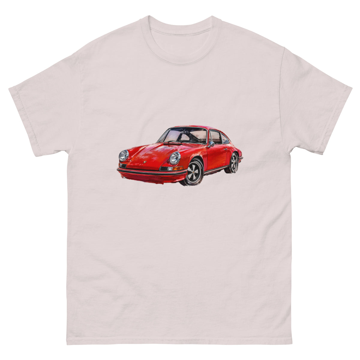 Porsche 911 T-skjorte med klassisk rød sportsbil i retro illustrasjonsstil