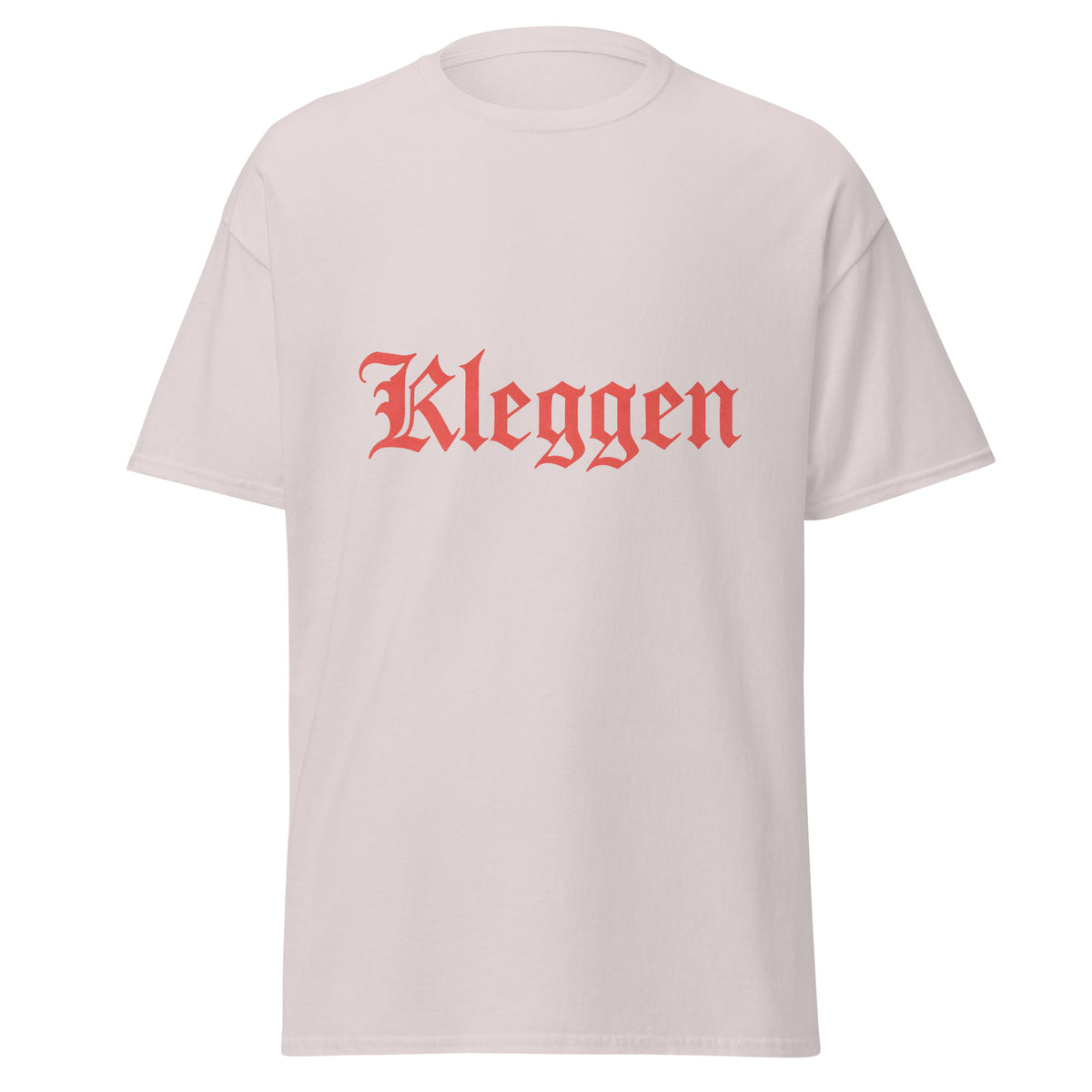 Kleggen T-skjorte med ordet Kleggen i store røde gotiske bokstaver, inspirert av Jokke & Valentinerne og låta Kleggen & Knugern.