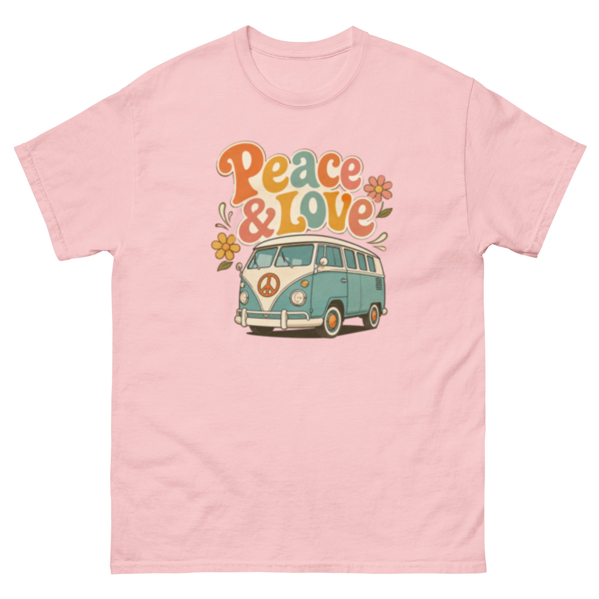 Peace and Love t-skjorte med retro minibuss, blomster og 70-tallsinspirert fredstema.