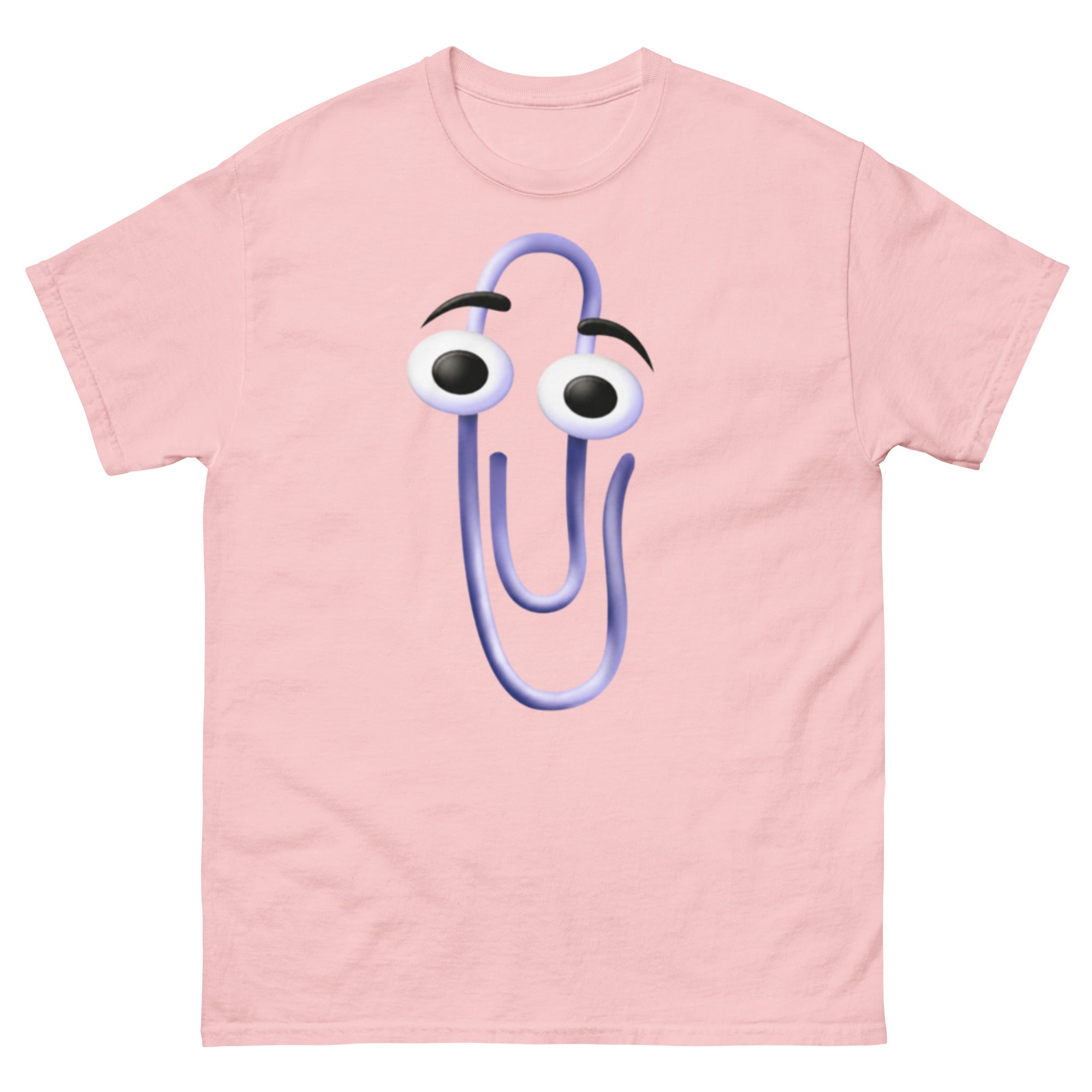 T-skjorte med Clippy, en lilla papirbindersfigur med store hvite øyne, svarte pupiller og buede svarte øyenbryn.