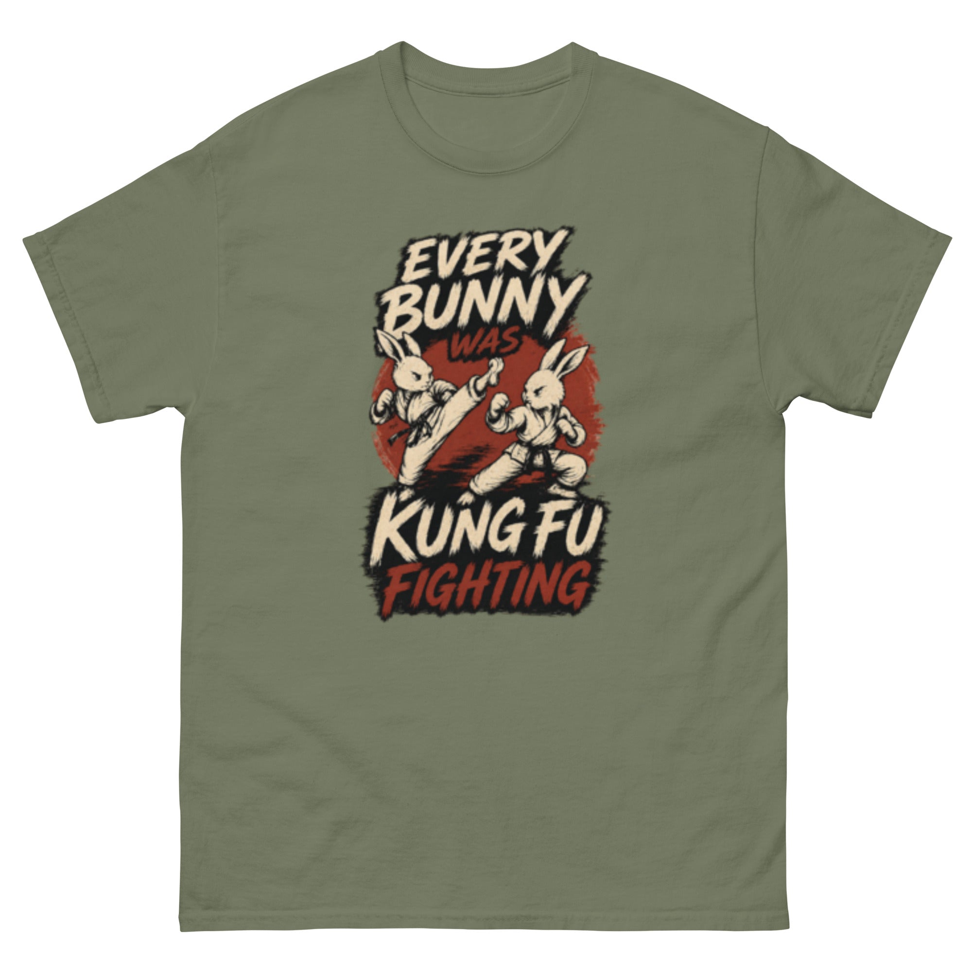 T-skjorte med to kaniner i kung fu-positurer, retro martial arts-plakatstil og teksten Every Bunny Was Kung Fu Fighting.