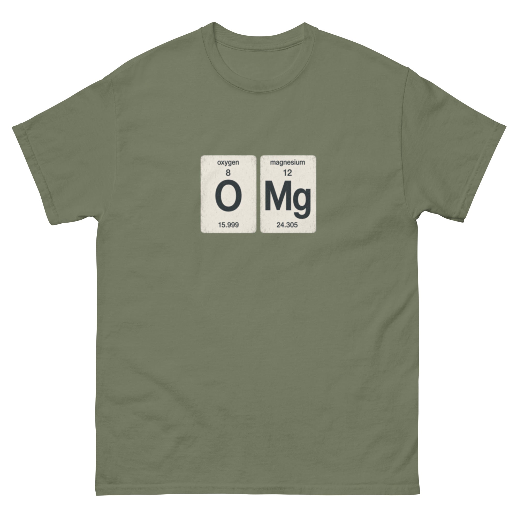 T-skjorte med to elementruter fra periodesystemet, oxygen og magnesium, som sammen danner O Mg.