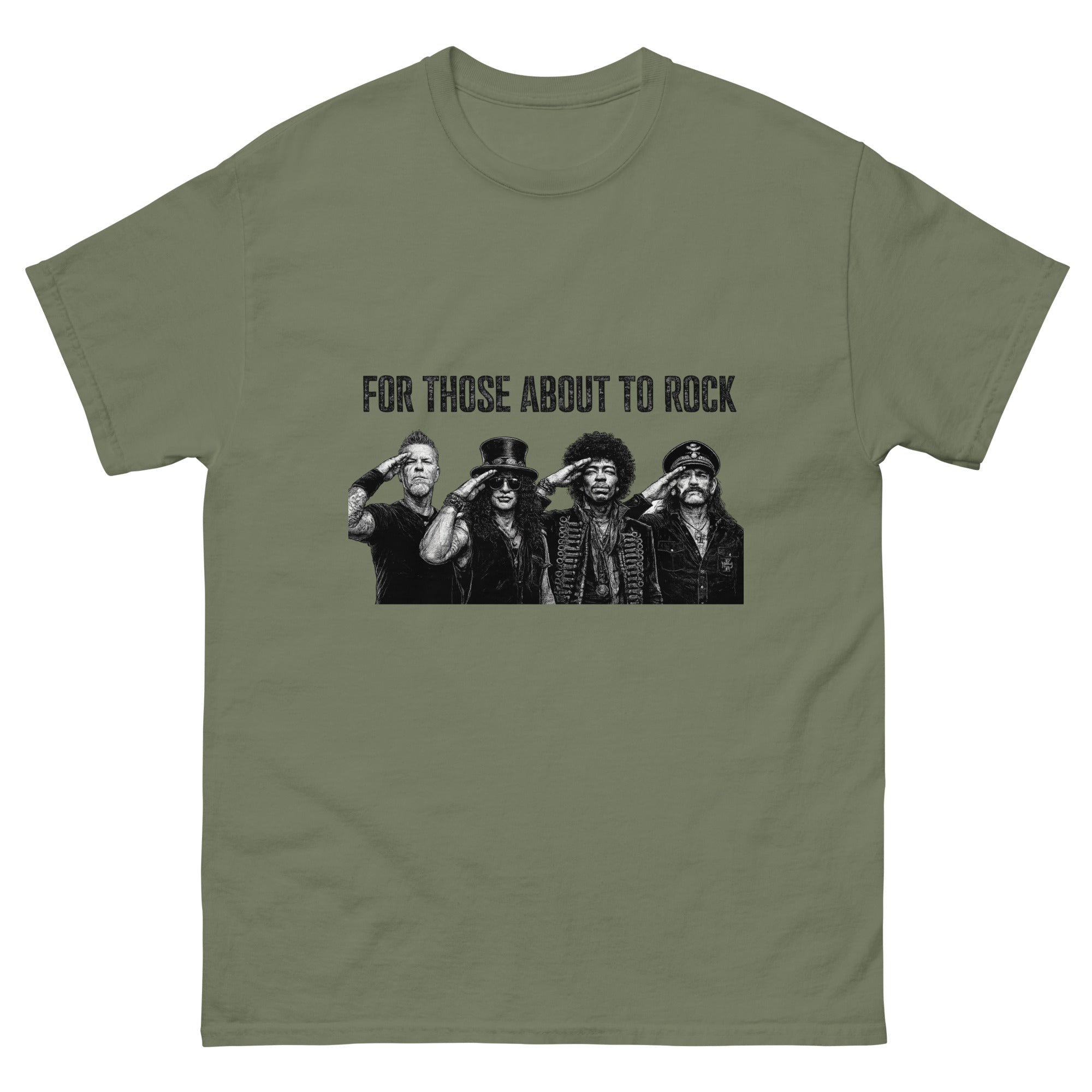 Vintage rock-illustrasjon med fire hardrock-inspirerte musikere som gjør honnør under teksten "For Those About to Rock".