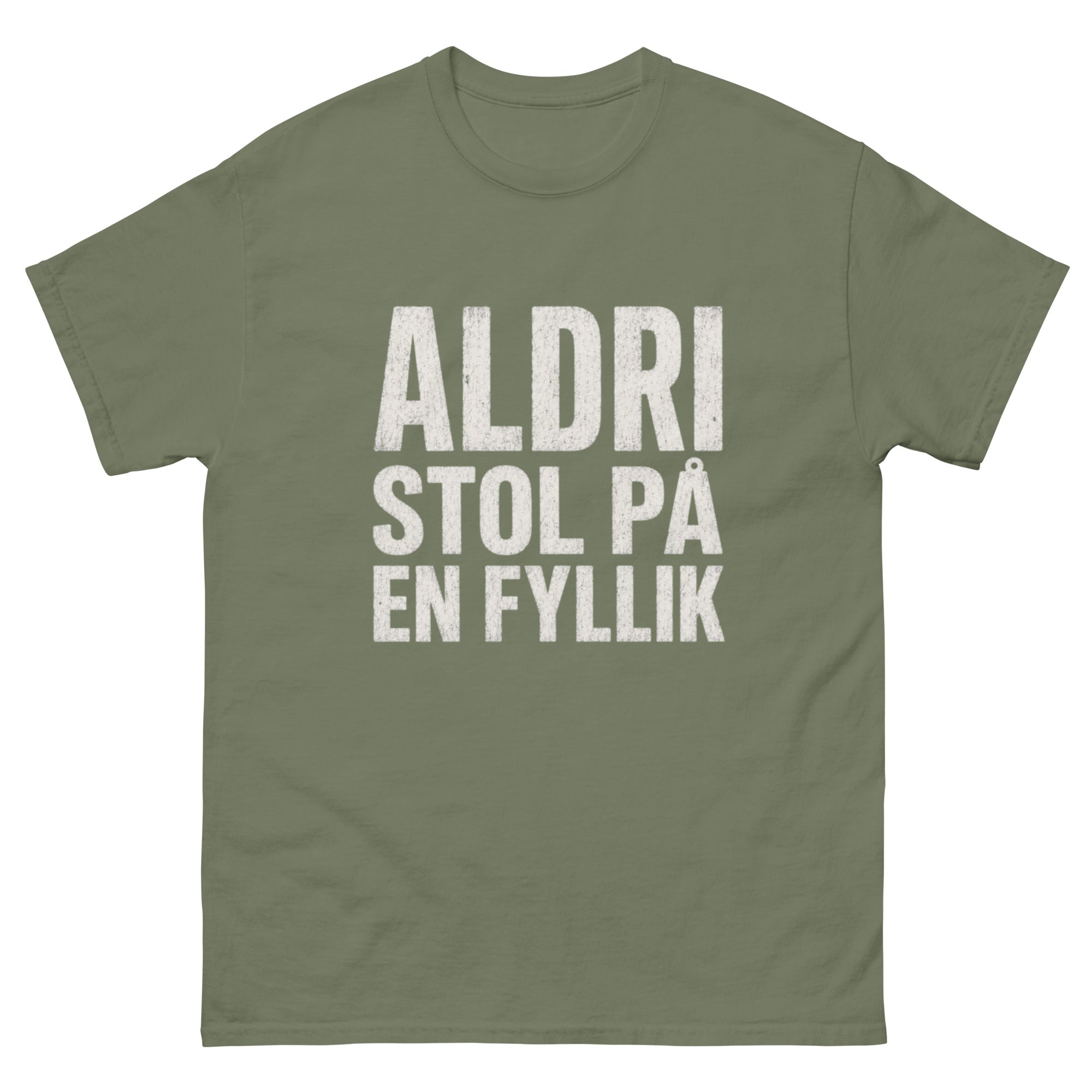 Typografisk design med teksten «Aldri stol på en fyllikk» i hvit vintage skrift på sort bakgrunn, inspirert av norsk rock.