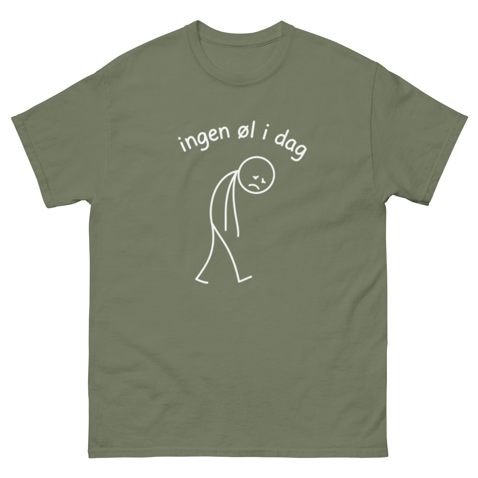 Illustrasjon av en trist strekfigur med bøyd hode og teksten «Ingen øl i dag». Humoristisk motiv inspirert av ølkultur, dagen derpå og norsk humor.