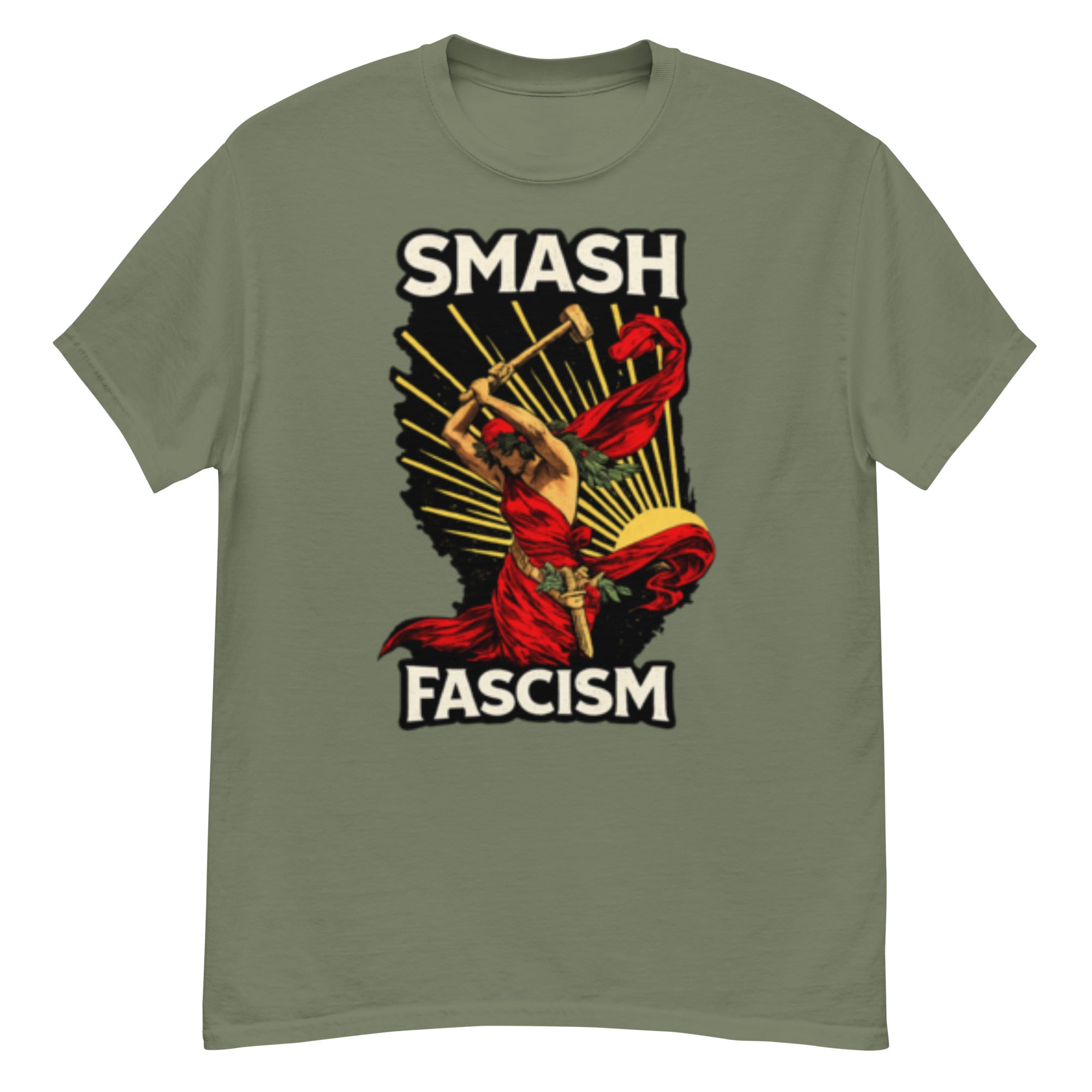 Antifascistisk t-skjorte med rødkledd arbeiderfigur som løfter en slegge foran en gyllen sol, omgitt av teksten «Smash Fascism».