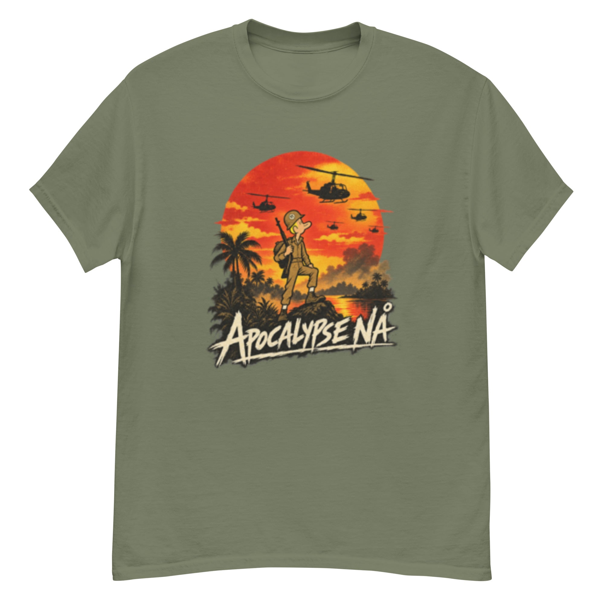 T-skjorte med 91 Stomperud i en dramatisk krigsfilm-plakat inspirert av Apocalypse Now, med helikoptre og stor solskive i bakgrunnen.