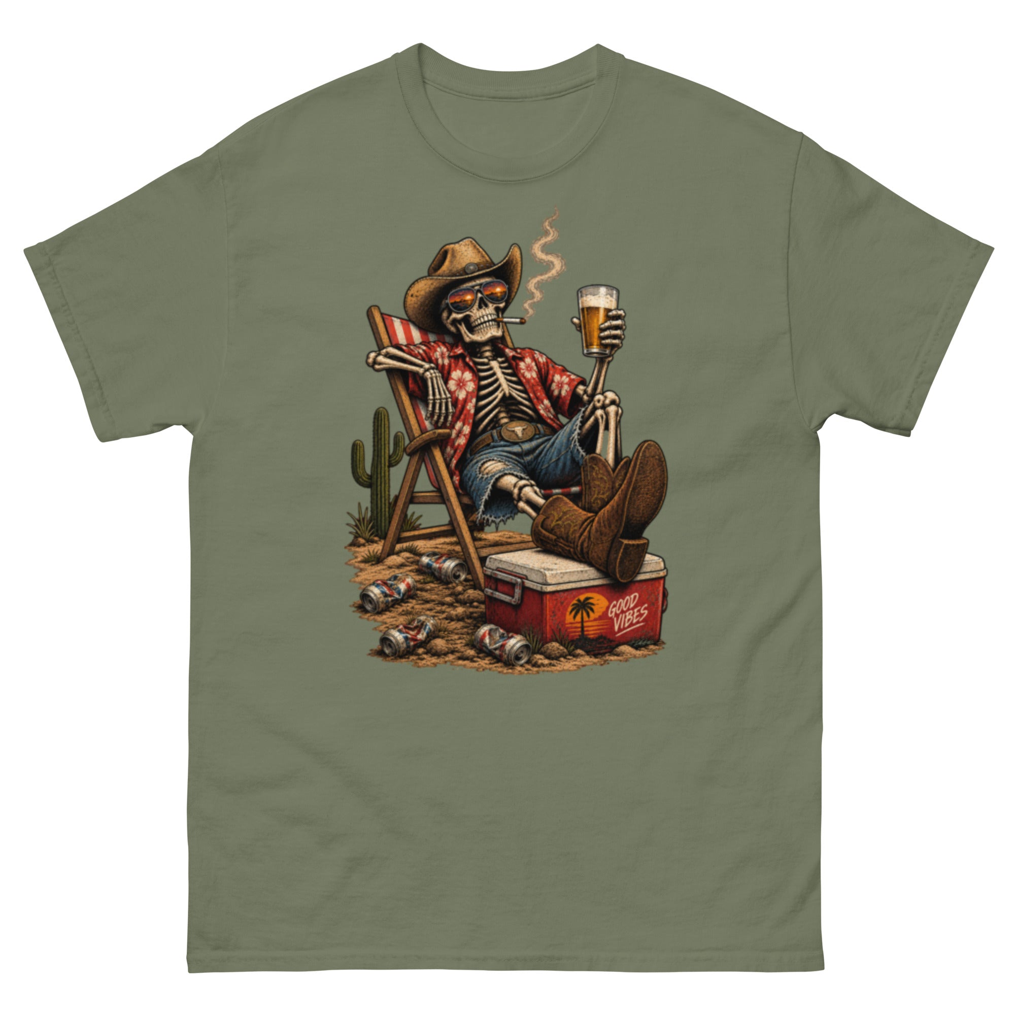 Cowboy-skjelett i Hawaii-skjorte og solbriller sitter i strandstol med øl, sigarett og rød Good Vibes-kjøleboks i retro westernstil.