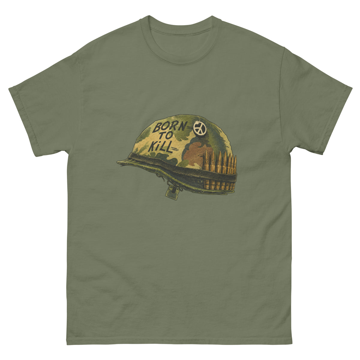 Full Metal Jacket-inspirert militærhjelm med Born to Kill-tekst, fredssymbol, kamuflasjemønster og patroner i slitt retrostil.
