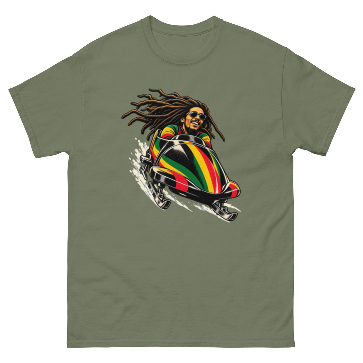 Bob kjører en jamaicansk bob i et retroinspirert t-skjortemotiv med reggae-farger, dreadlocks og referanser til Jamaica og bobsport.
