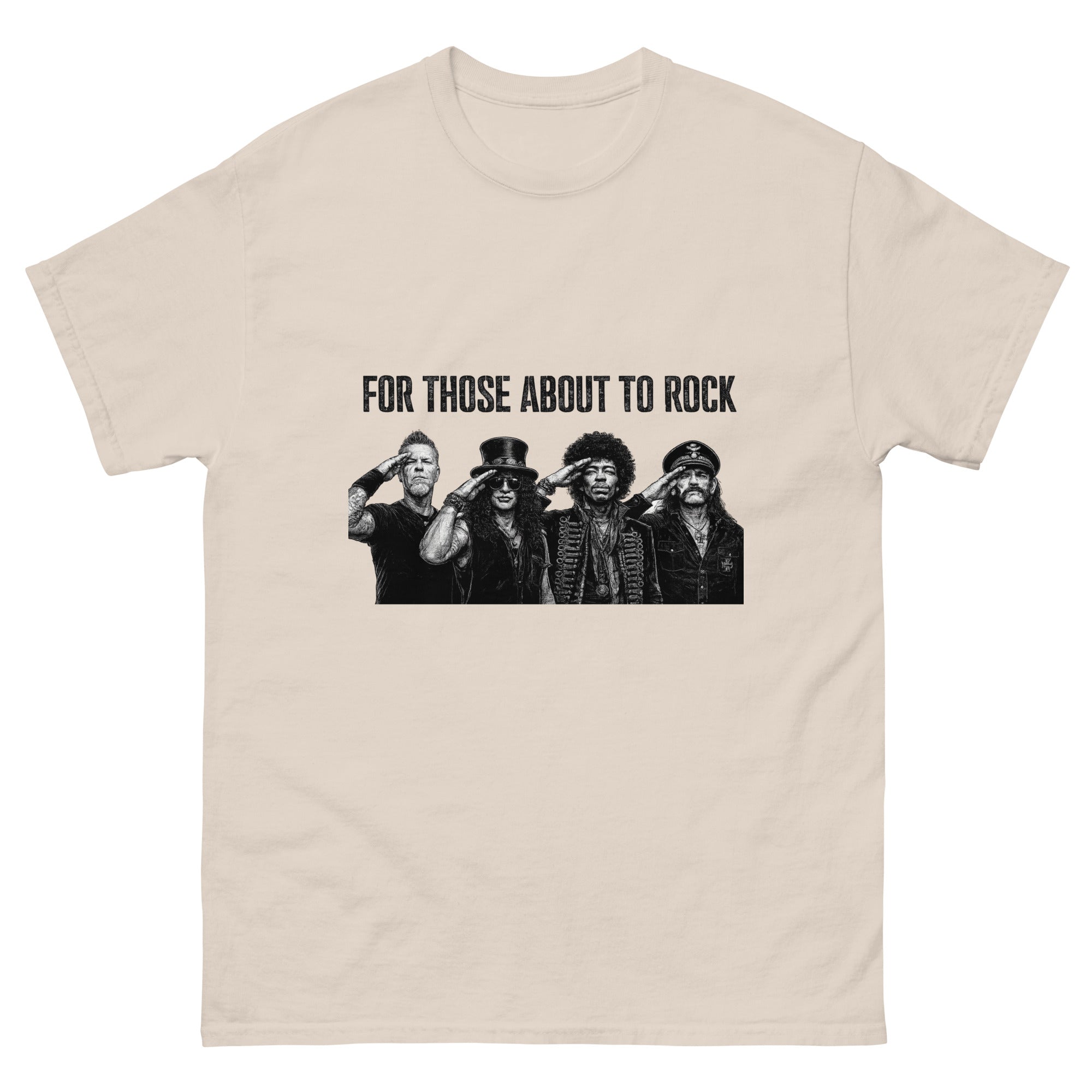 Vintage rock-illustrasjon med fire hardrock-inspirerte musikere som gjør honnør under teksten "For Those About to Rock".