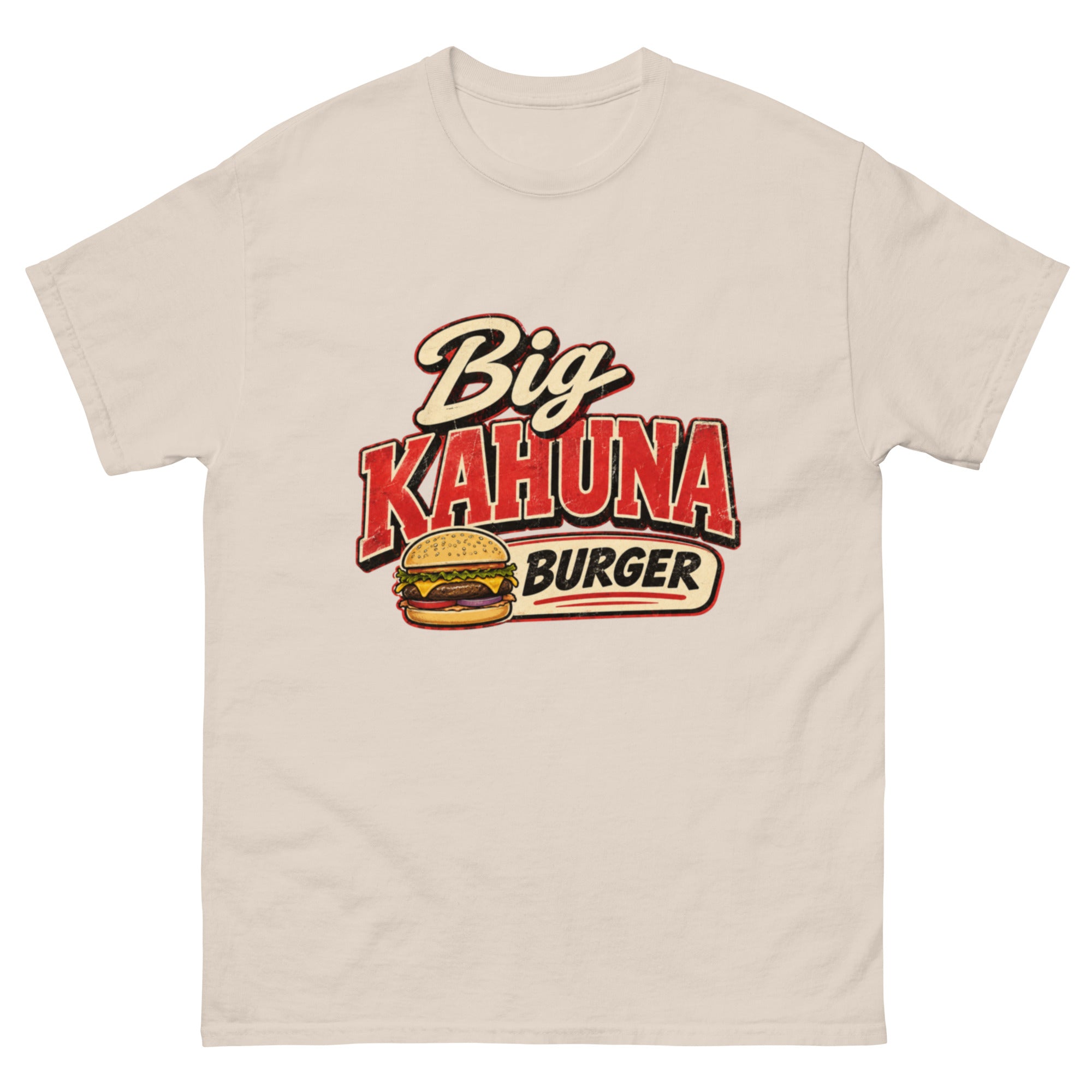 Retro Big Kahuna Burger-motiv med stor rød tekst og cheeseburger, inspirert av den fiktive burgerkjeden fra Pulp Fiction.