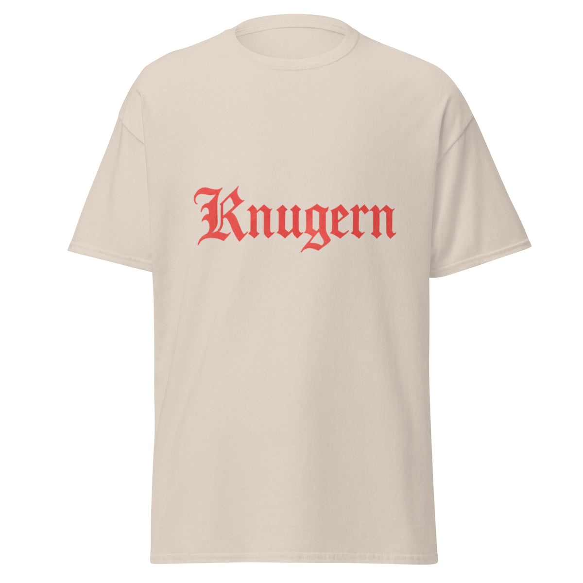 Knugern T-skjorte med Knugern i store røde gotiske bokstaver, inspirert av Jokke & Valentinerne og Kleggen & Knugern.