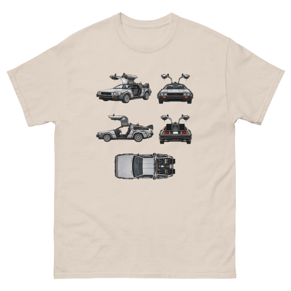 Tilbake til fremtiden-inspirert T-skjortemotiv med DeLorean DMC-12 tidsmaskin vist fra flere vinkler med åpne måkevingedører.