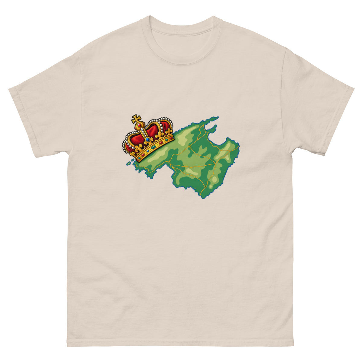 Grønt kamuflasjefarget kart over Mallorca med stor kongekrone i gull, rødt og juvelfarger.
